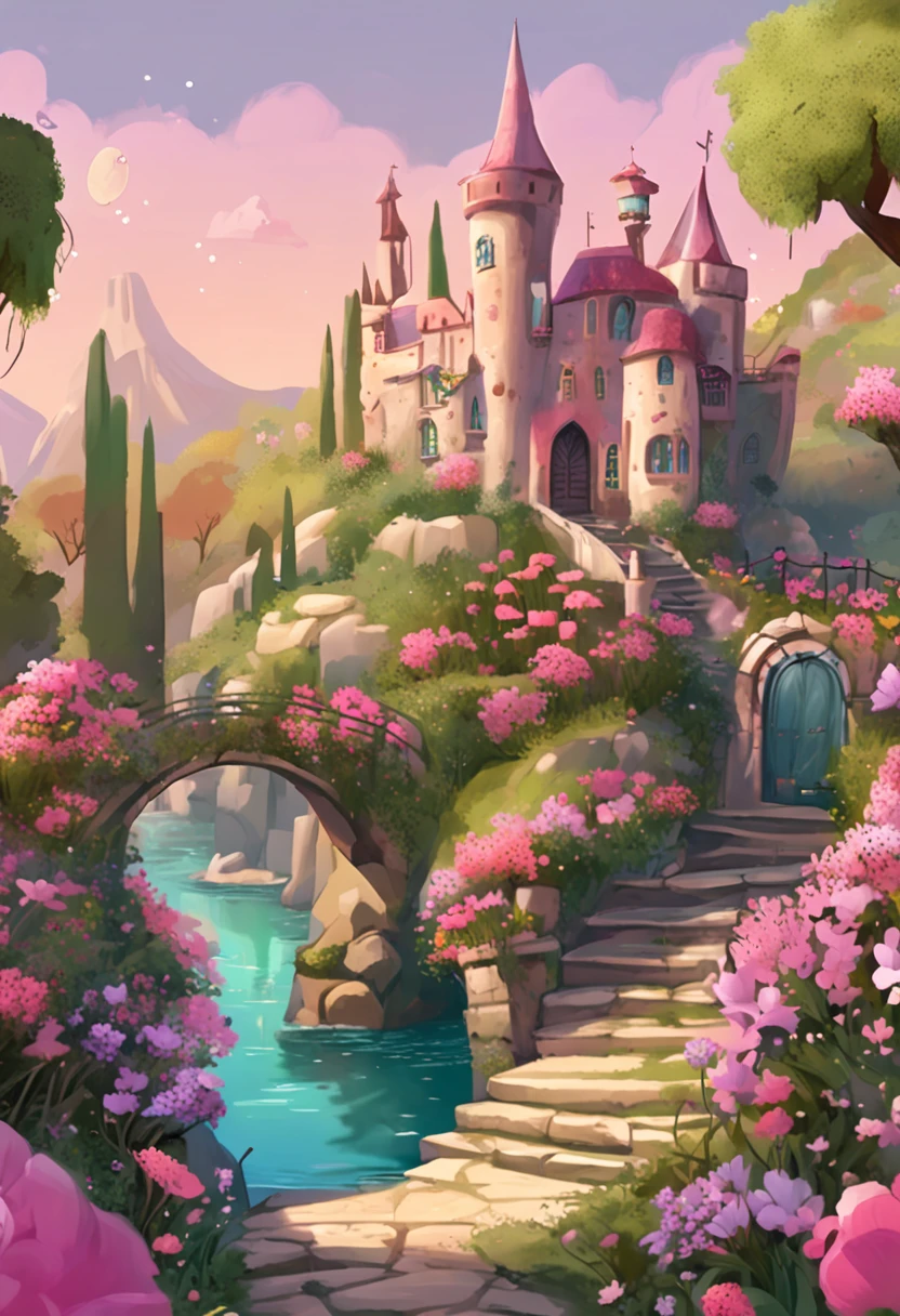 Desenhe um jardim com muitas flores no meio, um castelo rosa em 2D, a beautiful artwork illustration, whimsical fantasy landscape art, arte de paisagem, pintura suave detalhada, bela arte digital, bubbly scenery, scenery art detailed, detailed scenery—width 672, ambiente floral, pintura digital bonita, dream scenery art, a bustling magical town, magical village