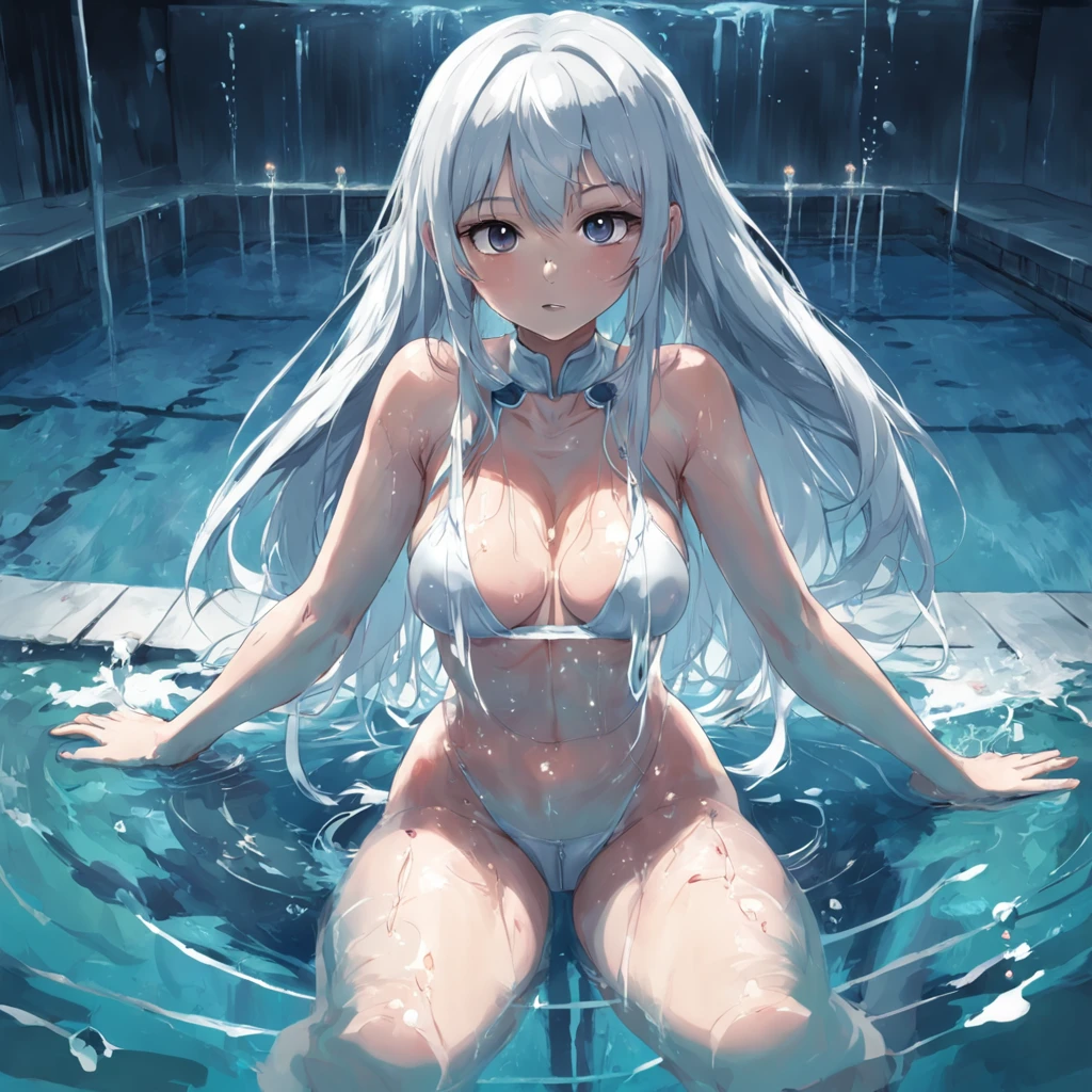 a masterpiece， Awesome， Viewer， reality，full body in shot，on knees， squat down， morena， length hair， Thorough， tall，Forced real water，White less cloth transparent minishirt，White transparent thong，swimming pool， RAWExtremely detailed， ahegao， roll your eyes， blushing， Water runs in the mouth，Sticky tongue， Vaginal rundown， Leucorrhoea， Very huge breasts， open the legs， Sexual arousal， sexual expression，Glossy skin。