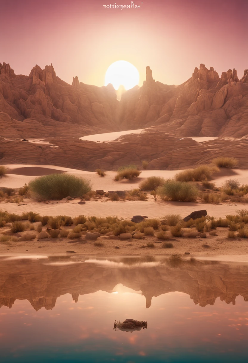 super wide shot,Vast desert,A legendary desert oasis,Sunset,Lake,(zoomout:1.2),(Greenery:1.2),The fountain,Fantasy mirage,Surrealist landscape style,national geographicphoto,Hasselblad high detail,cinmatic lighting,reflective light,atmosphric perspective,in a panoramic view,f / 4.0,Nikon,hyper HD,Hyper-detailing,best qualtiy,8K,Fantastic design, Best quality, Very detailed, Masterpiece, movie light effect, 8K,epic fantasy digital art,Epic fantasy art style, high definition resolution,Detailed detail drawing,Photorealistic,Super realistic