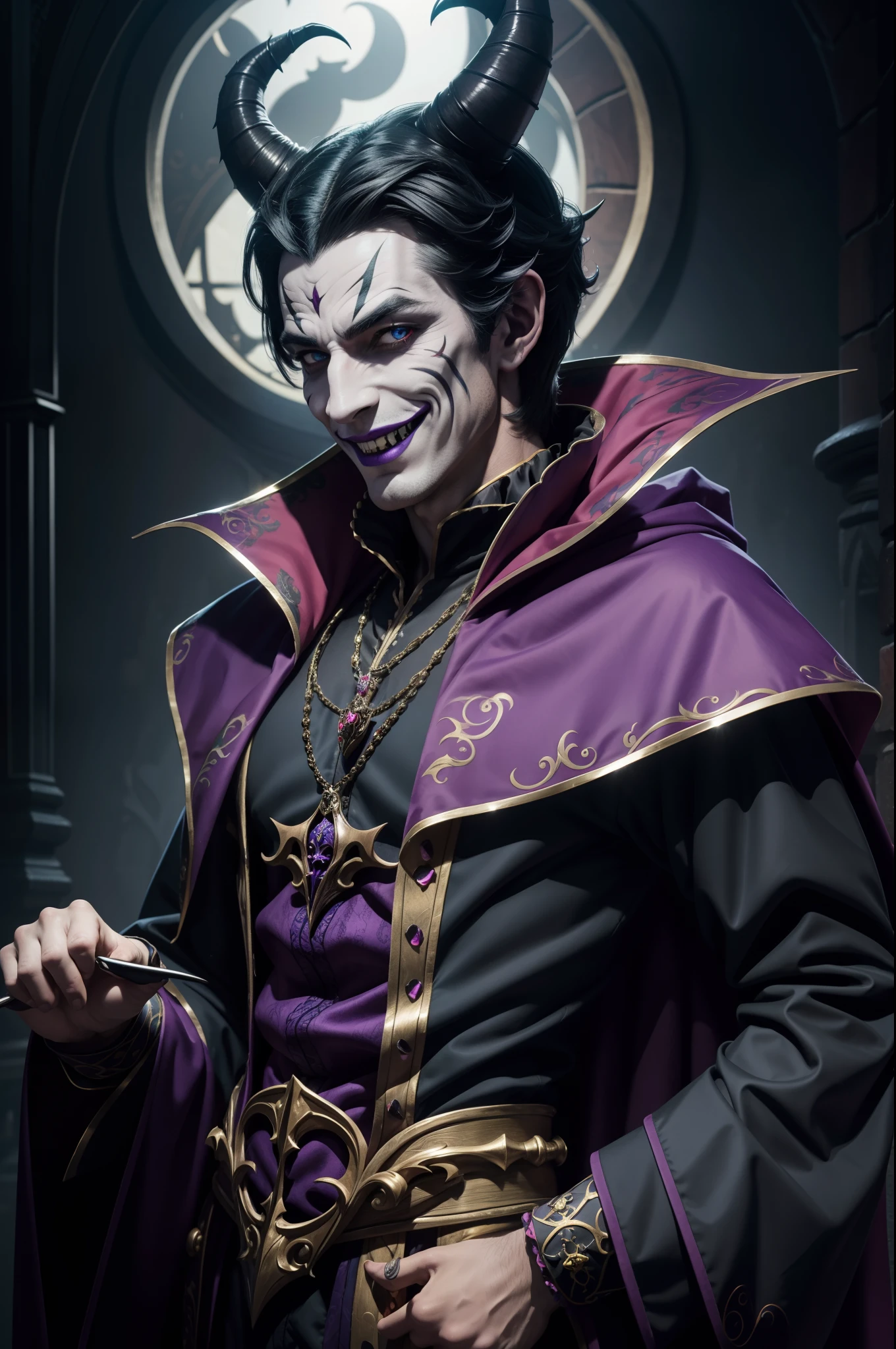 "Single male figure, sinister jester, adorned with a wicked jester mask, maleficent grin, vibrant and captivating eyes, elaborate costume, impeccable quality, high-resolution, FHD, 4K."