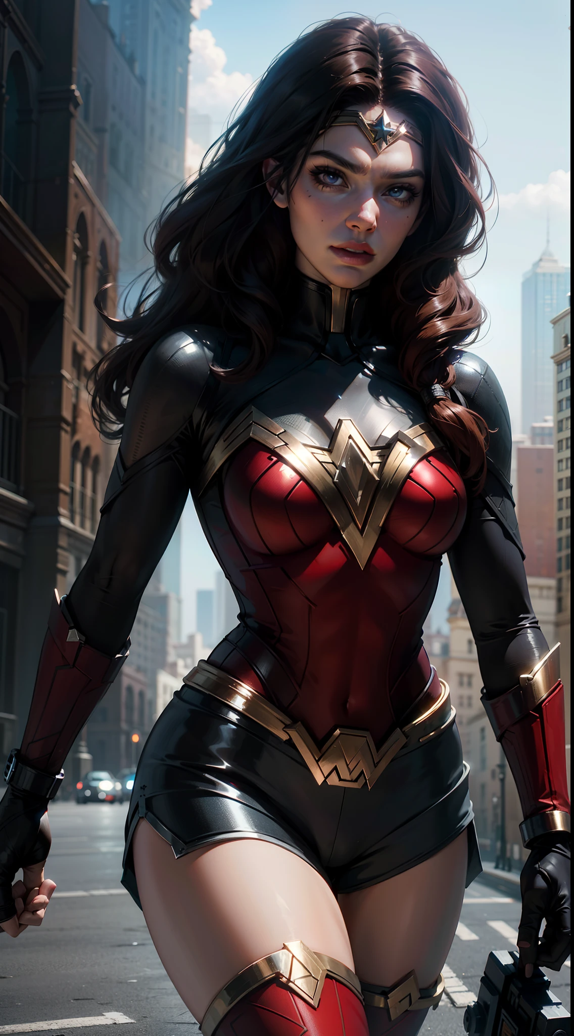 A fusion of Wonder Woman and Black Widow breathtaking extremely hyper-realistic high-definition with SDXL enhancement,combining their costumes, their powers and their characteristics,high definition costume,High Definition Hair and Eyes,Highly hyper-detailed in the city in a dynamic action 3D pose,shorts,Detalhes exuberantes,Professional Ultra 8K Processing in Extremely Absolute Hyper-realistic in HDR in Concept Art Hyper-realistic in High Quality in Octane Render in Hyper 3D Resolution