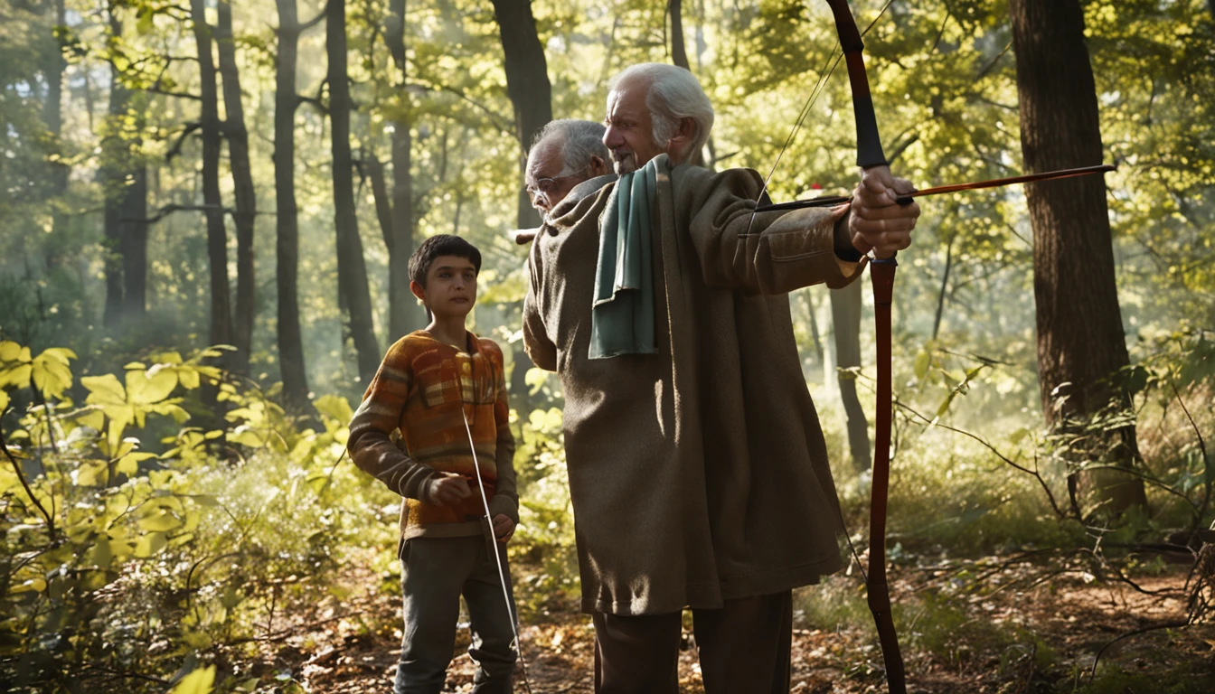 an elderly man practicing archery in the woods, being watched by a young boy