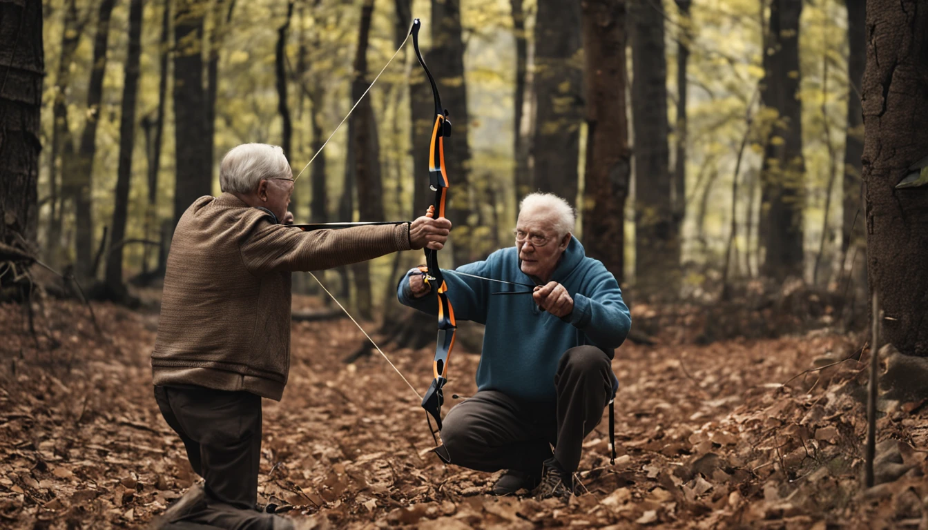 an elderly man practicing archery in the woods, being watched by a young boy
