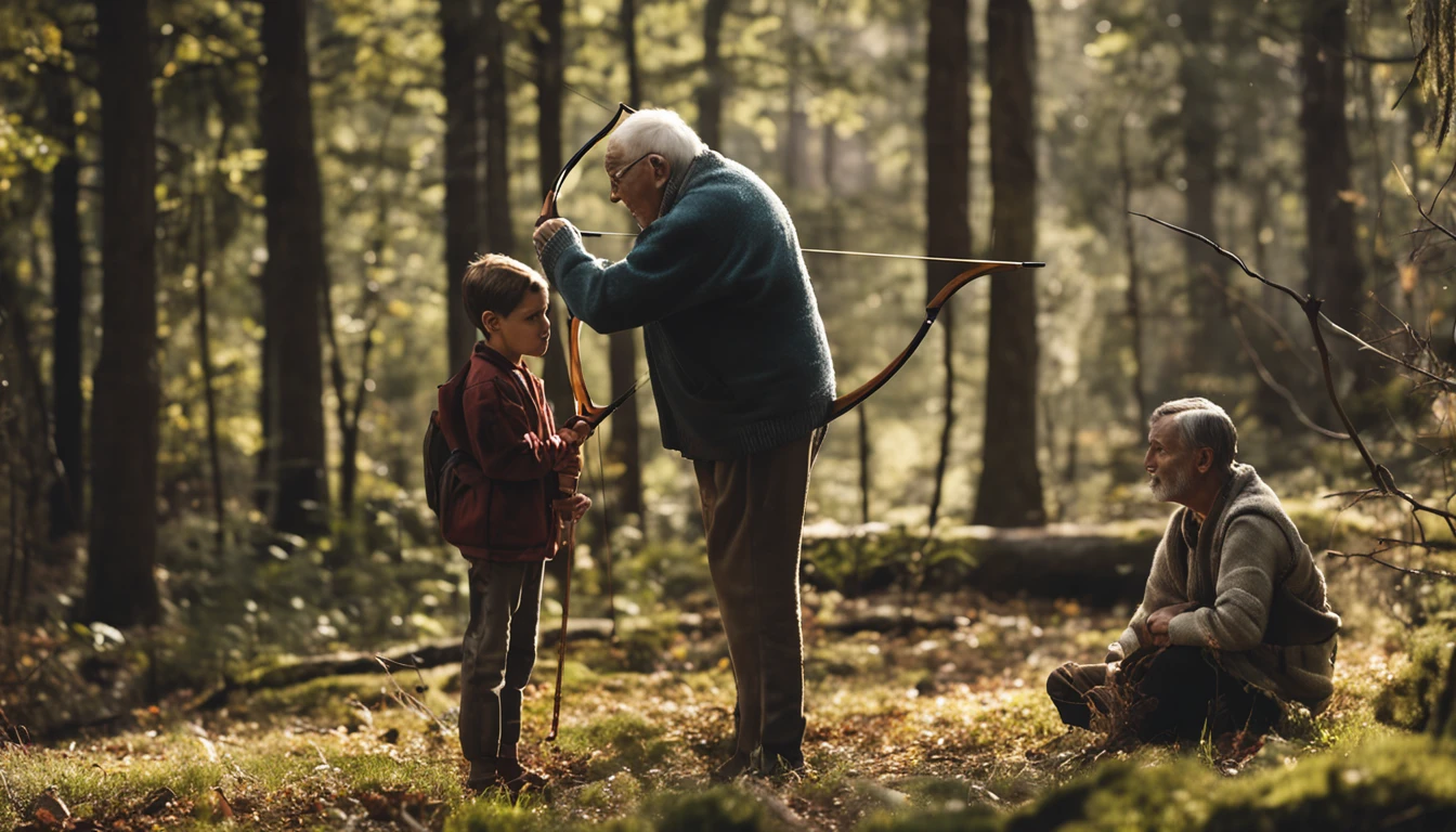 an elderly man practicing archery in the woods, being watched by a young boy