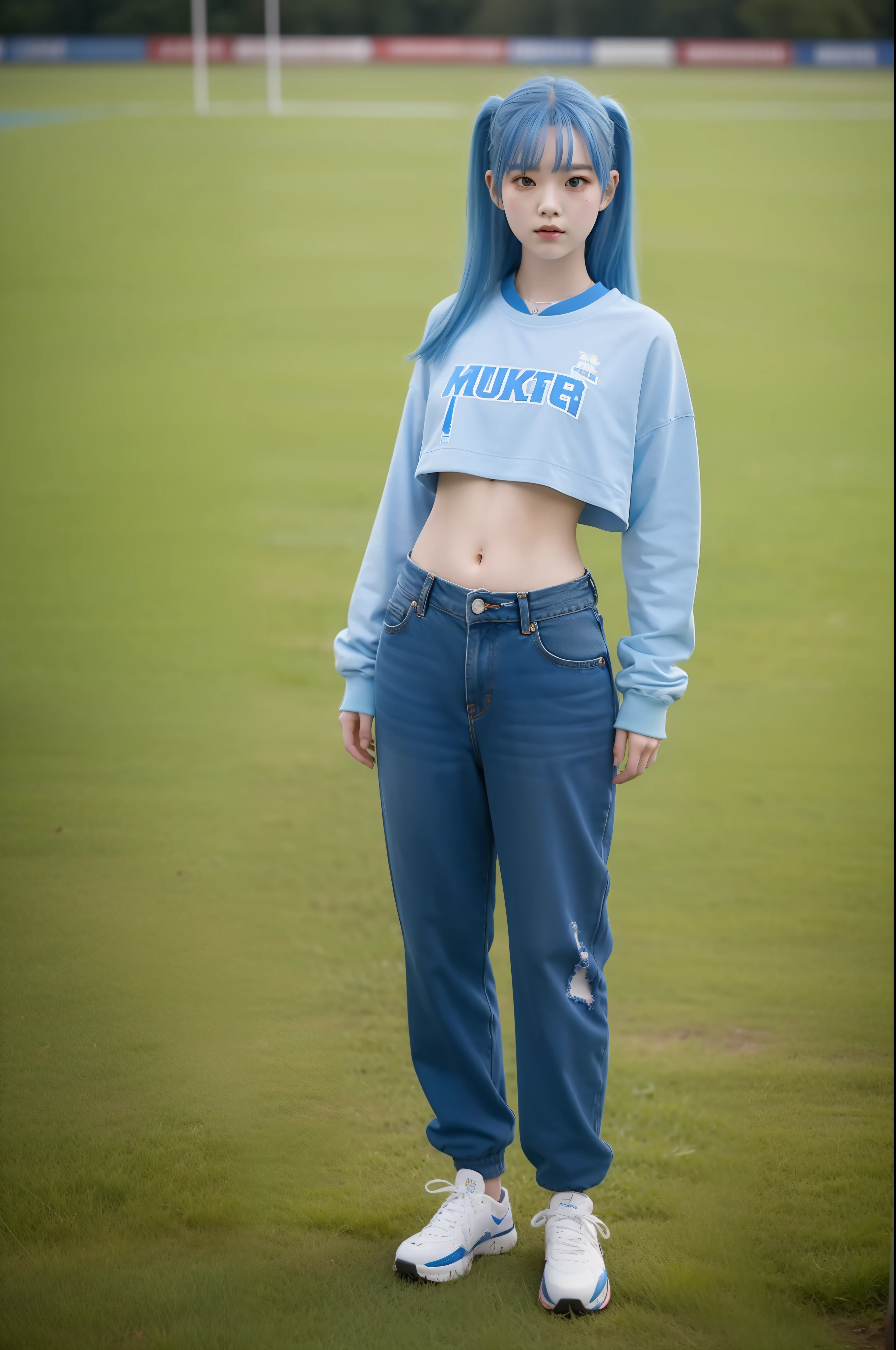 "Full body view of 18 years old Kim Chaewon as a young girl in a tattered and rotted clothing, with blue hair. She is standing confidently on a field, with a slight exposure of her midriff and a petite figure. The photo is captured in UHD 4K, exhibiting exquisite details."