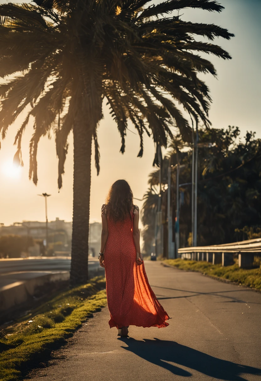 mulher gordinha com vestido longo, walking on a highway towards the sun with clear blue sky, photo taken from behind by a Sony A6400 camera with a 50mm sigma lens, fundo desfocado em um dia ensolarado