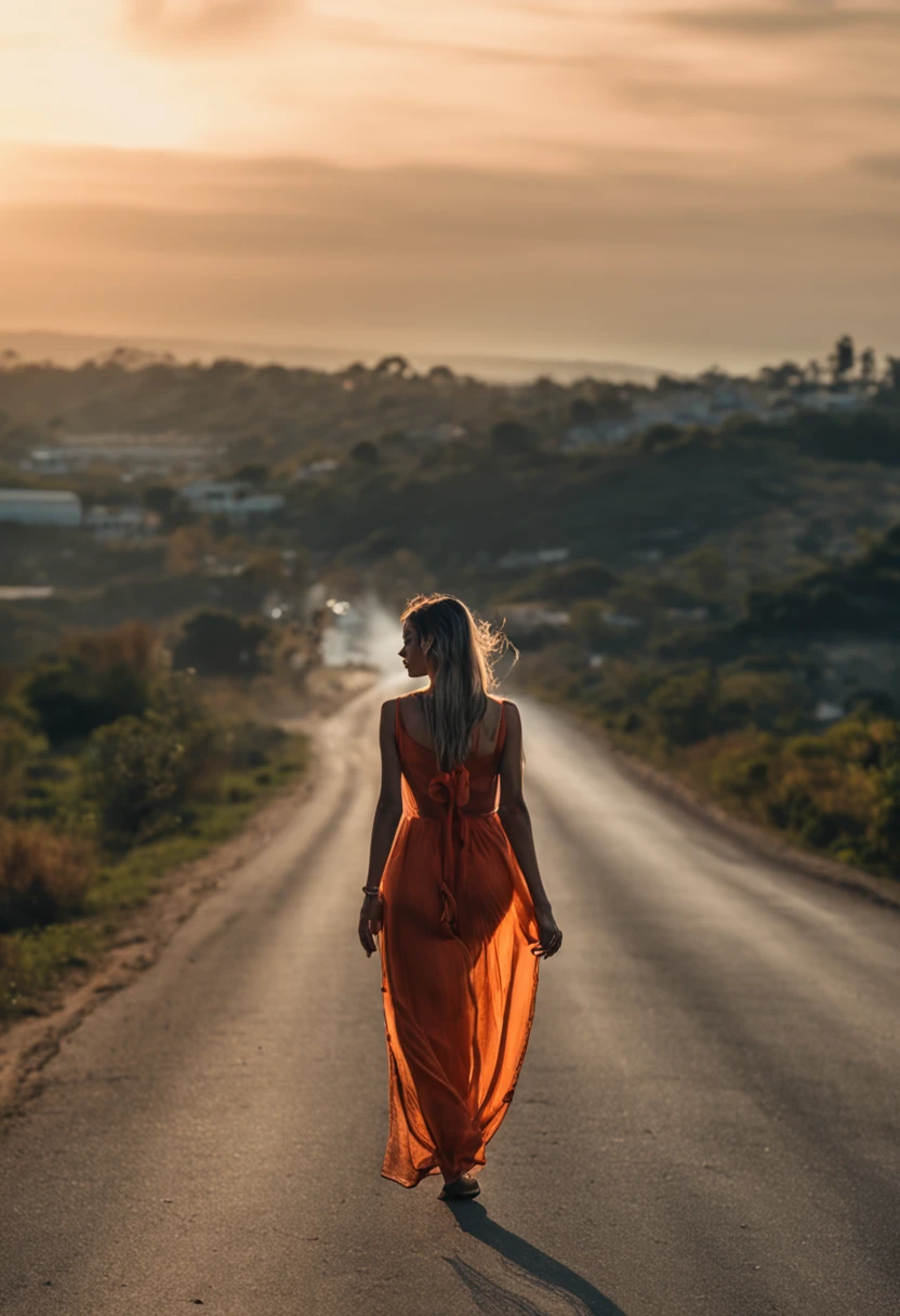 mulher gordinha com vestido longo, walking on a highway towards the sun with clear blue sky, photo taken from behind by a Sony A6400 camera with a 50mm sigma lens, fundo desfocado em um dia ensolarado