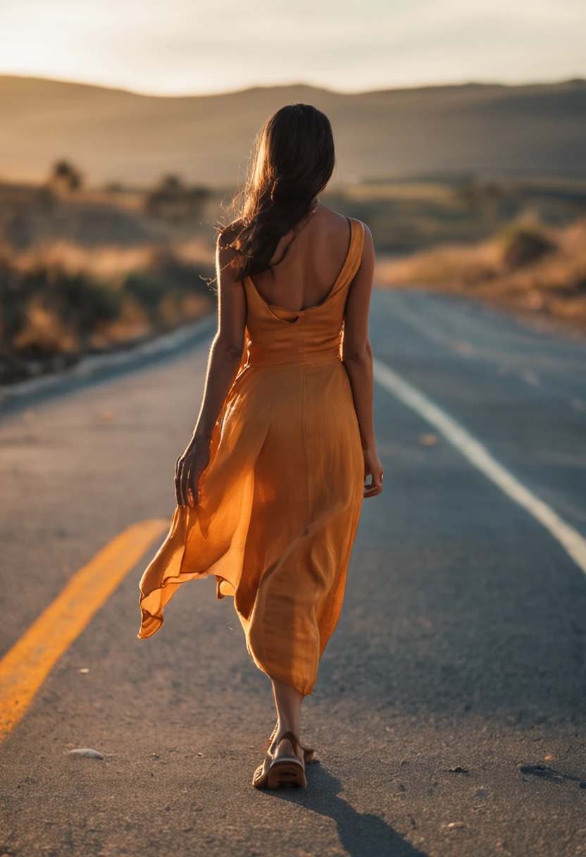 mulher gordinha com vestido longo, walking on a highway towards the sun with clear blue sky, photo taken from behind by a Sony A6400 camera with a 50mm sigma lens, fundo desfocado em um dia ensolarado