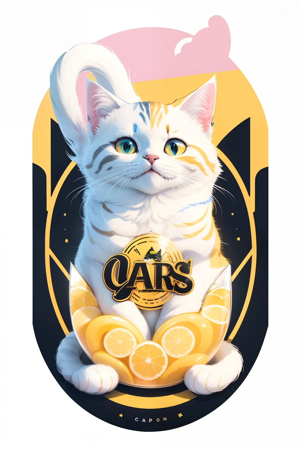 round logo. there is a yellow and white cat holding a bottle of nail polish, liquid cat, cat theme logo, cat design, , pastel electric sticker design, new vaporwave, hq whiskers, cat illustration, white striped gold cat, simple, steam waves. black and white, jen bartel, minimalism