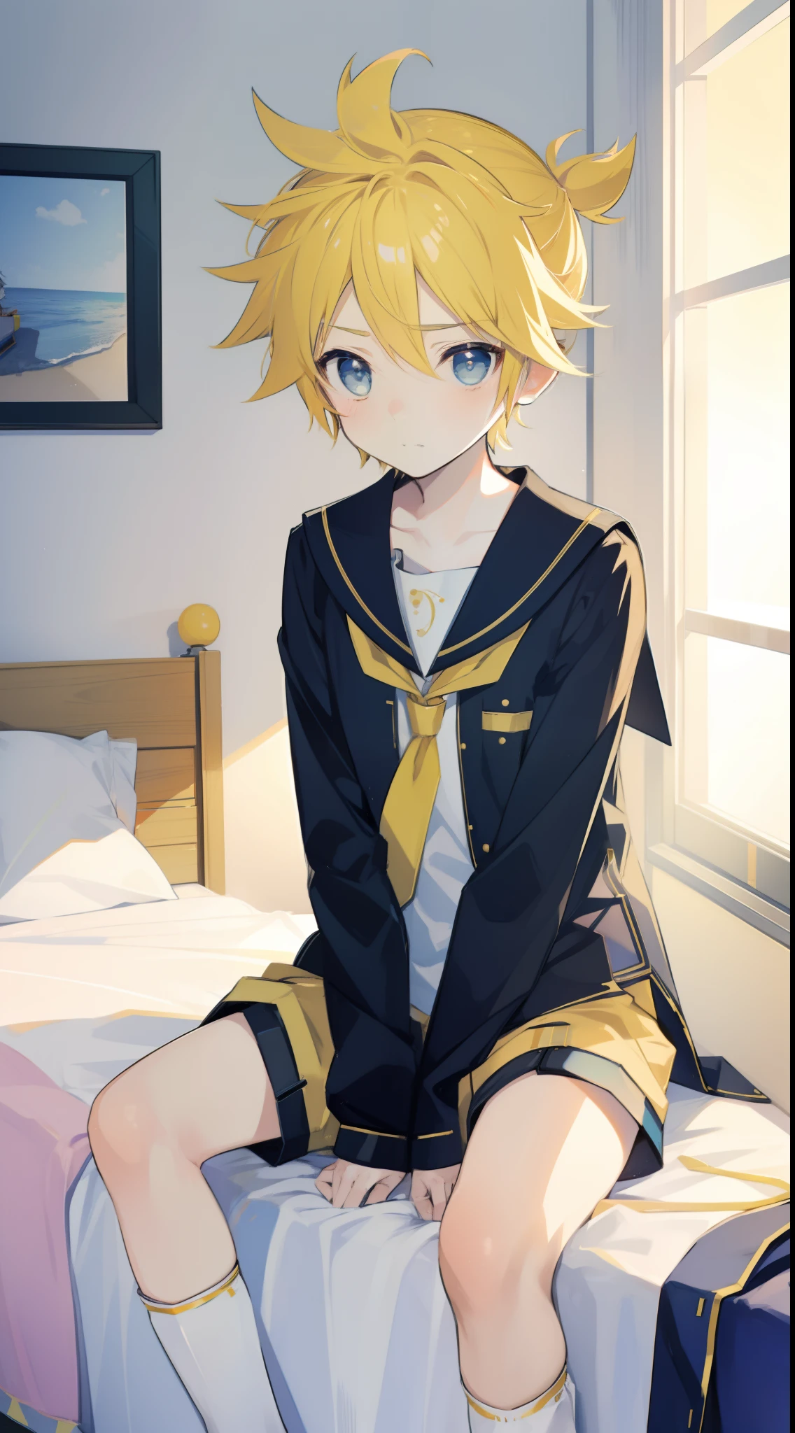 one boy, Len_Kagamine, sailor uniform, short pants, cowboy shot, outside, sitting on bed, embarrassed