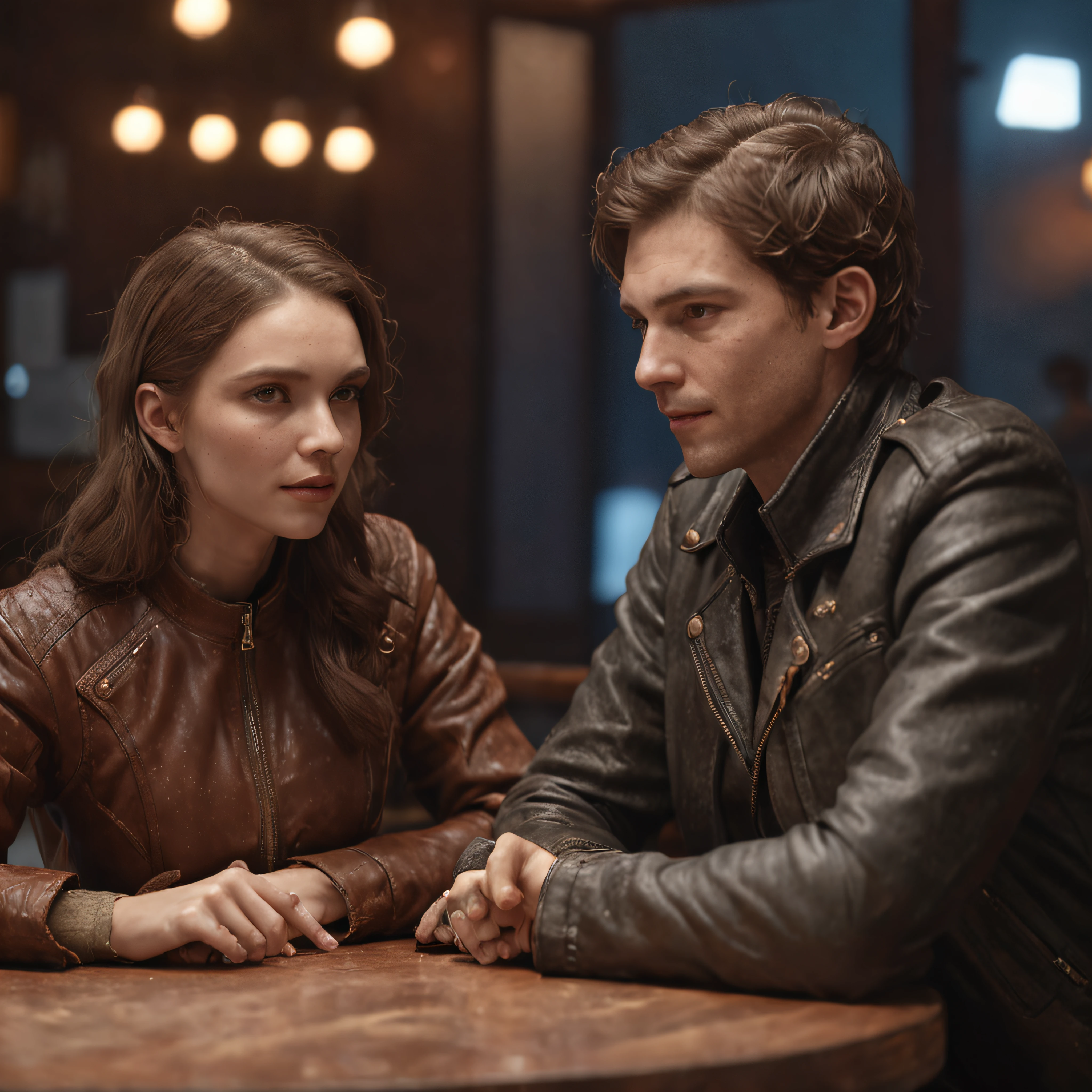 (professional 3d render:1.3) af (Realistic:1.3) most beautiful artwork photo in the world,Features soft and shiny male and female, ((two people talking and have a good time together, Fantastic pub sit at table, Majestic cluttered environment with an american flag in the background)), full body 8k unity render, action shot, skin pore, very dark lighting, heavyshading, Detailed, Detailed face, (vibrant, photograph realistic, Realistic, Dramatic, Dark, Sharp focus, 8K), (Old leather jacket:1.4), ((((Wear jacket)))), (Intricate:1.4), decadent, (Highly detailed:1.4), Digital painting, rendering by octane, art stations, concept-art, smooth, Sharp focus, illustration, Art germ, (loish:0.23), wlop ilya kuvshinov, and greg rutkowski and alphonse mucha gracias, (Global illumination, Studio light, volumettic light), heavy rain, particles floating, lotr, fantasy, elf, full bodyesbian, ((pub background with an american flag in the background:1.3)),CGSesociety,art stations