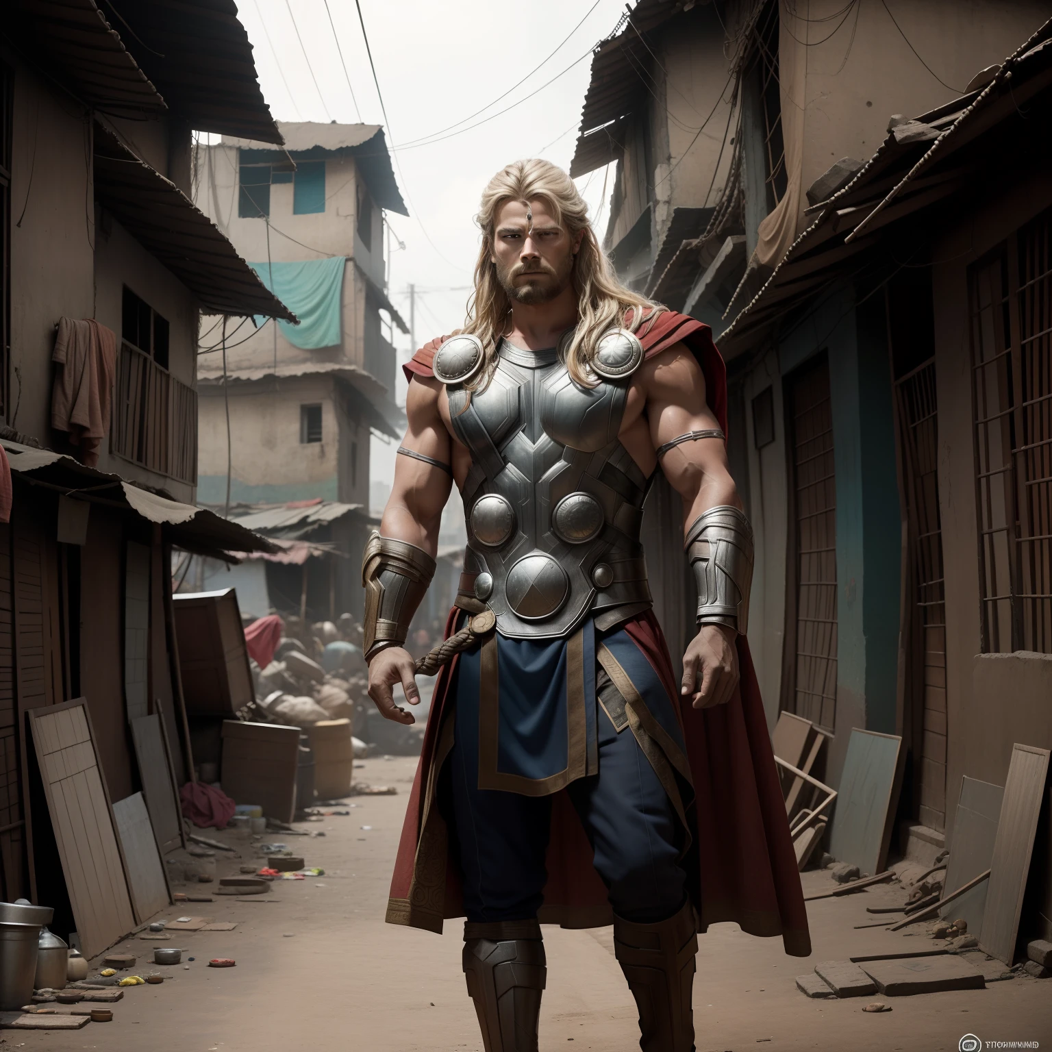 Create an image depicting Thor in the slums of India, highlighting his majestic presence amidst the challenging surroundings. Depict Thor in a regal and commanding pose, standing amidst the narrow alleyways and makeshift shelters of an Indian slum. Dress Thor in a modified version of his Asgardian attire that incorporates elements of Indian culture and clothing, symbolizing his connection to the local residents. Use a striking and dynamic art style to capture both Thor's god-like qualities and the gritty atmosphere of the slums. Incorporate elements of Indian street life and culture, such as vibrant colors, street vendors, and local residents. Utilize warm and earthy tones to evoke the feel of the setting. The camera angle should emphasize Thor's imposing presence and his interaction with the environment. Opt for a 135mm+ camera lens to capture the details of Thor's appearance and the intricacies of the slum scene. Render the image in high resolution to convey the contrast between Thor's regal demeanor and the challenges of the surroundings.