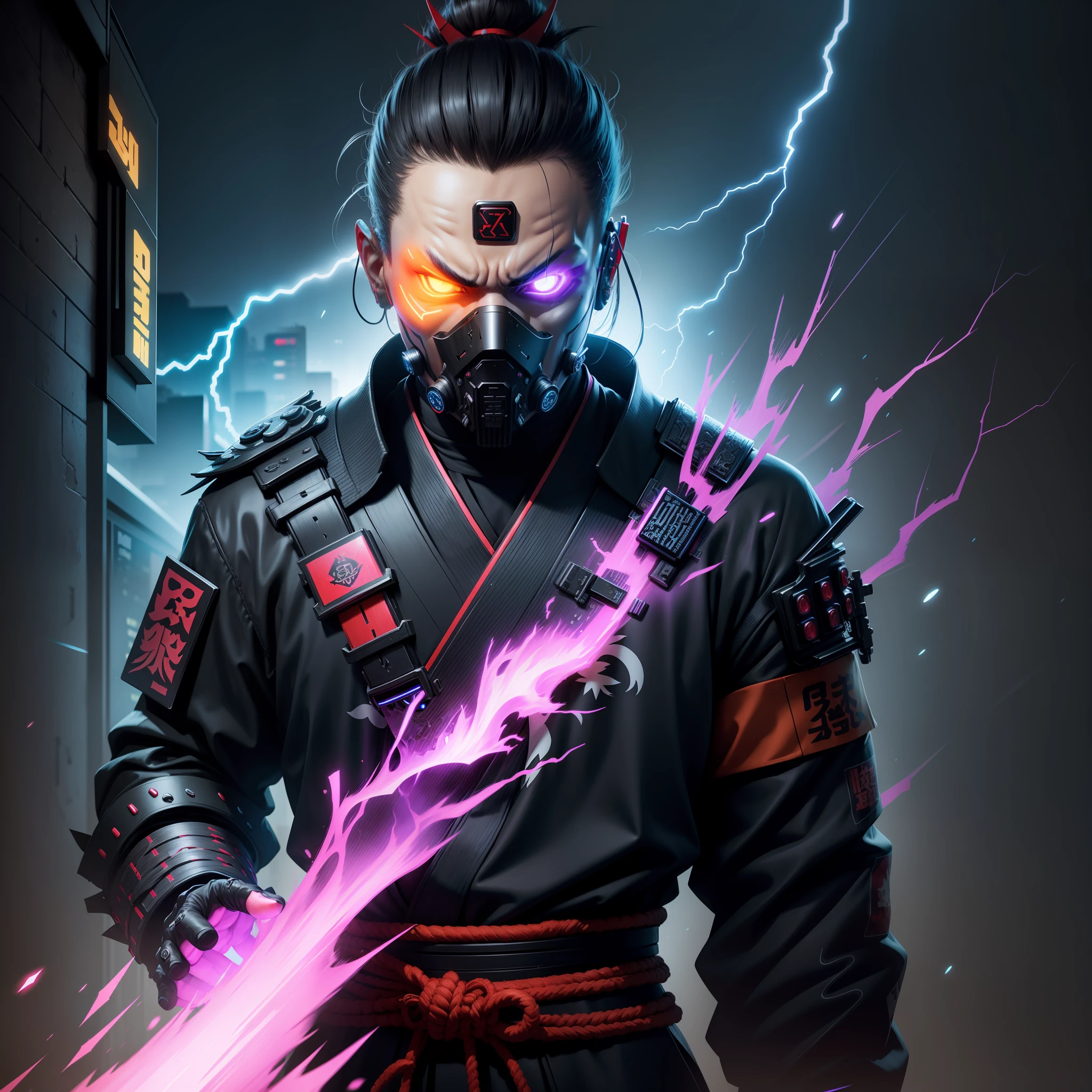Samurai, Mask Ghost , Cyberpunk, vivd colour, High detail, Tik, Lightning Wave, 。.3D, .CGI, glowing neon lights, Cyberpunk, Street attire