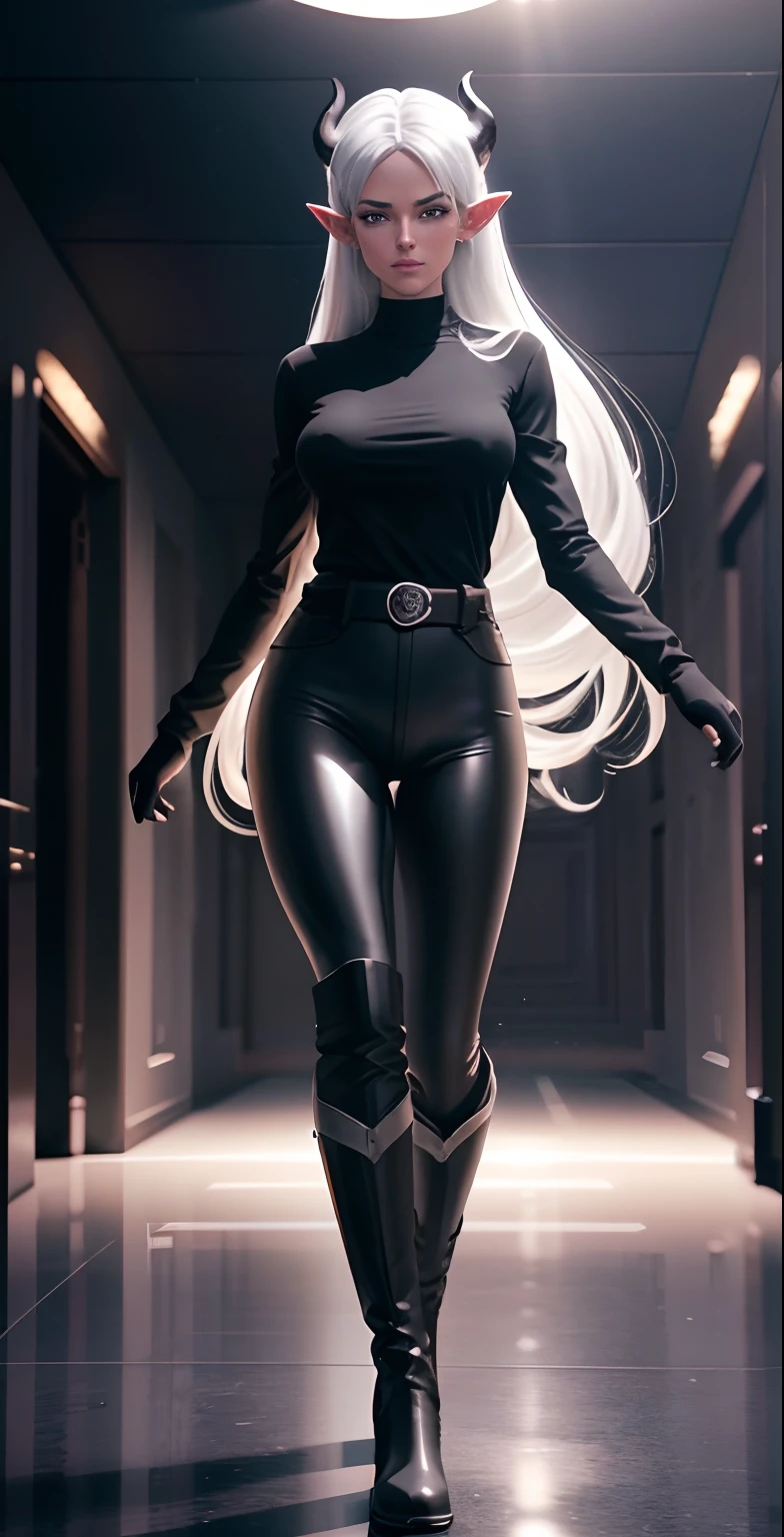 full body portrait of beautiful 1girl, solo, elf ((milf)), (very long) silver hair, tied in a knot, ((black tight long sleeve shirt)), (black knee-high riding leather boots), ((white leggings)), Anime style photo, Manga style, Digital art, glow effects, Hand drawn, render, 8k, octane render, cinema 4d, blender, dark, atmospheric 4k ultra detailed, cinematic sensual, Sharp focus, hyperrealistic, big depth of field, Masterpiece, colors, 3d octane render, 4k, concept art, trending on artstation, hyperrealistic, Vivid color, huge breasts, palace corridor, black gloves, (looking at viewer), (seductive:0.8),(smile:0.3)(evil:0.5), (from below:0.7), horns,confident, belt