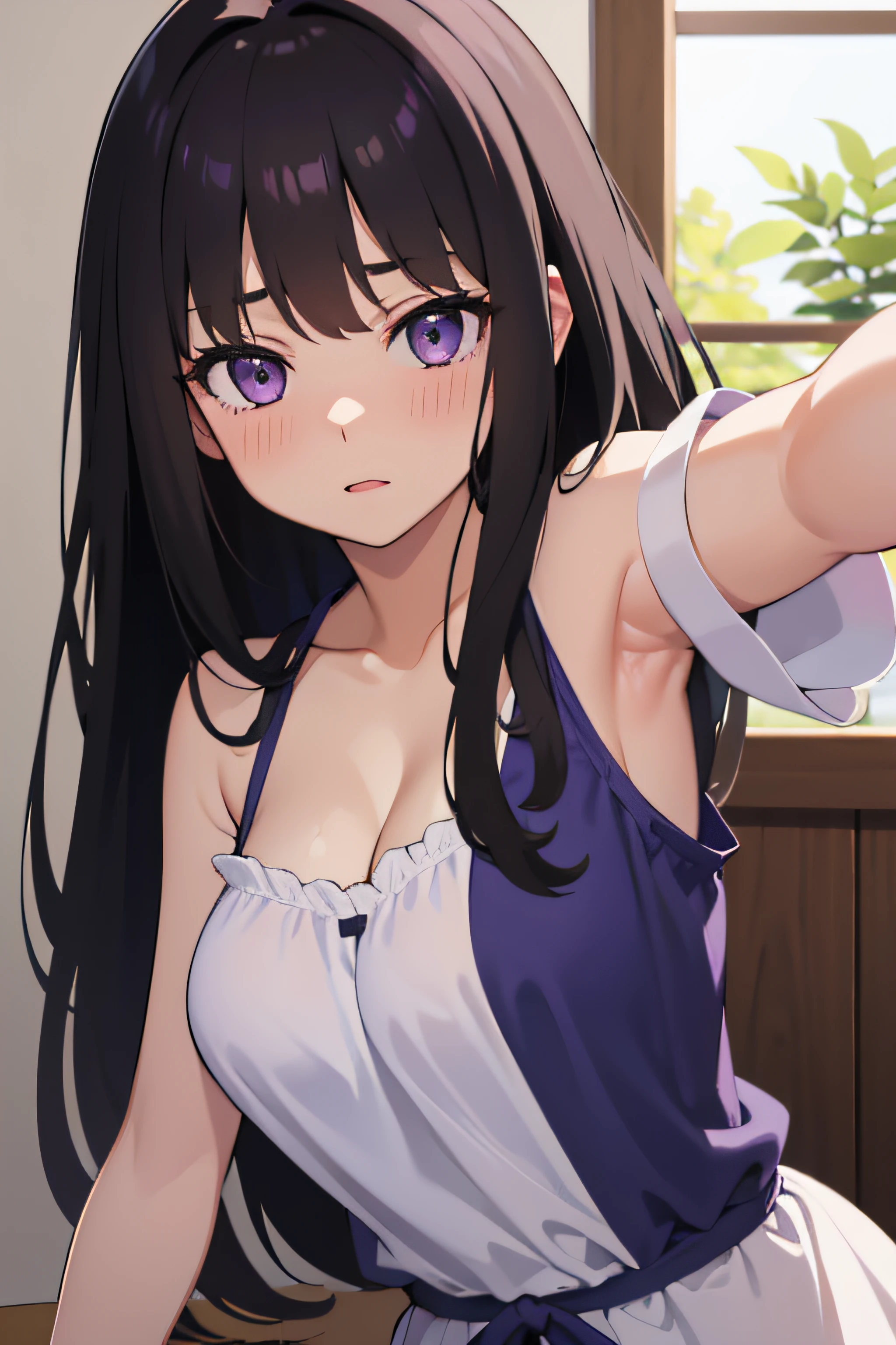 (masterpiece, best quality, highres, UHD, perfect pixel), Inoue Takina, Long hair, Bangs, Black hair, (Purple eyes:1.2), medium breasts, indoor, bedroom, dynamic pose, busty, perfect body, POV, close up, blushing, (cleavage:0.8), nightgown, natural light