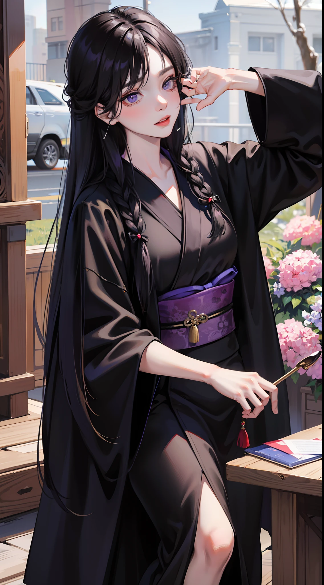 adult man, Long black hair, violet eyes, Thin, black kimono, Masterpiece, hiquality