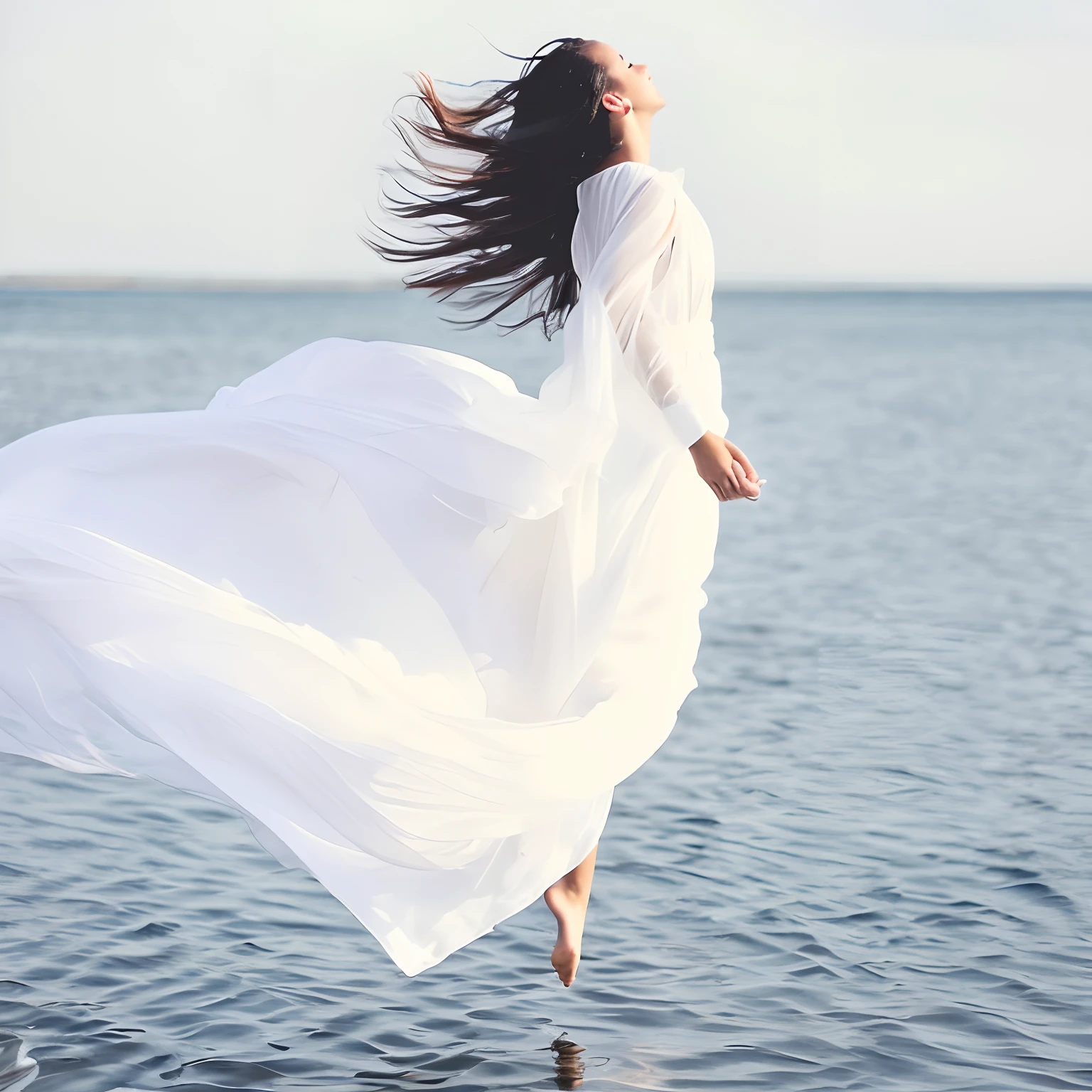 Araffe woman in white dress standing in water with flowing dress, wearing a white flowing dress, white flowing dress, she is floating in the air, flowing white robes, Flowing dress, Wearing a flowing dress, lindo vestido branco longo longo, vestido branco longo, flutuando no ar, cabelo flutuando ao vento, Pose flutuante elegante, Girl in white dress dancing