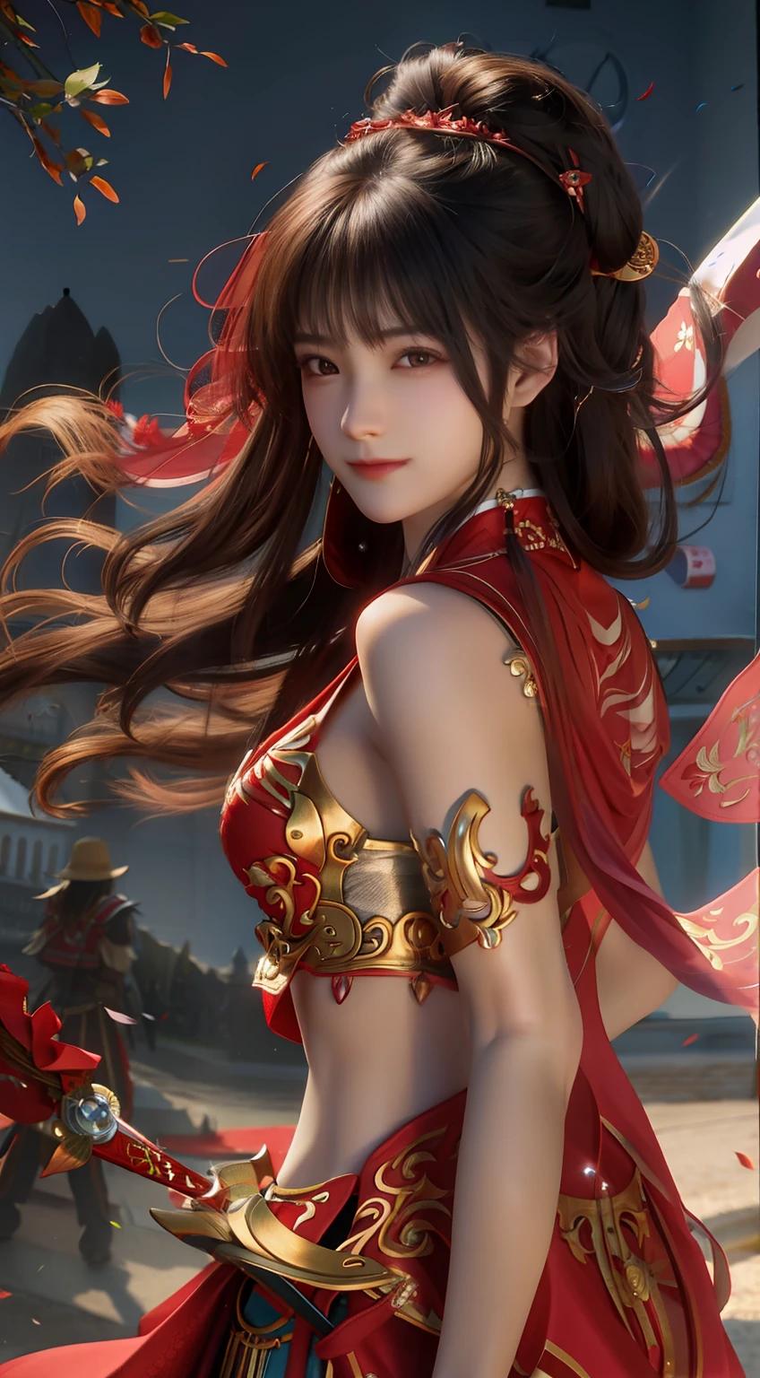 Official Art, Unified 8k Wallpapers, ((Hyperrealism) (Surrealism)), (3D), Ultra Detailed, Beautiful and Aesthetic, Masterpiece, Best Quality, (Zentangle, Tangle, Entangle), (Fractal Art: 1.4), 1girl, Detailed Eyes, (Fine Skin, Diffused Skin Pores), ((Very Detailed Background, Very Detailed Face, (Very Detailed, Fine Detail, Intricate), Shallow Depth of Field, Diffuse Soft Light, (long hair), off-the-shoulder, long skirt, calf, very detailed, dynamic angle, cowboyshot, (most beautiful form of chaos), flowing, (bright colors), OC, (full body: 1.2), Chinese, (thangka flying sky: 1.5), (ribbon: 1.3), (dream: 1.5), (Hanfu: 1.5), Chinese dragon, Chinese phoenix, (smile: 0.5), (Chinese deity),