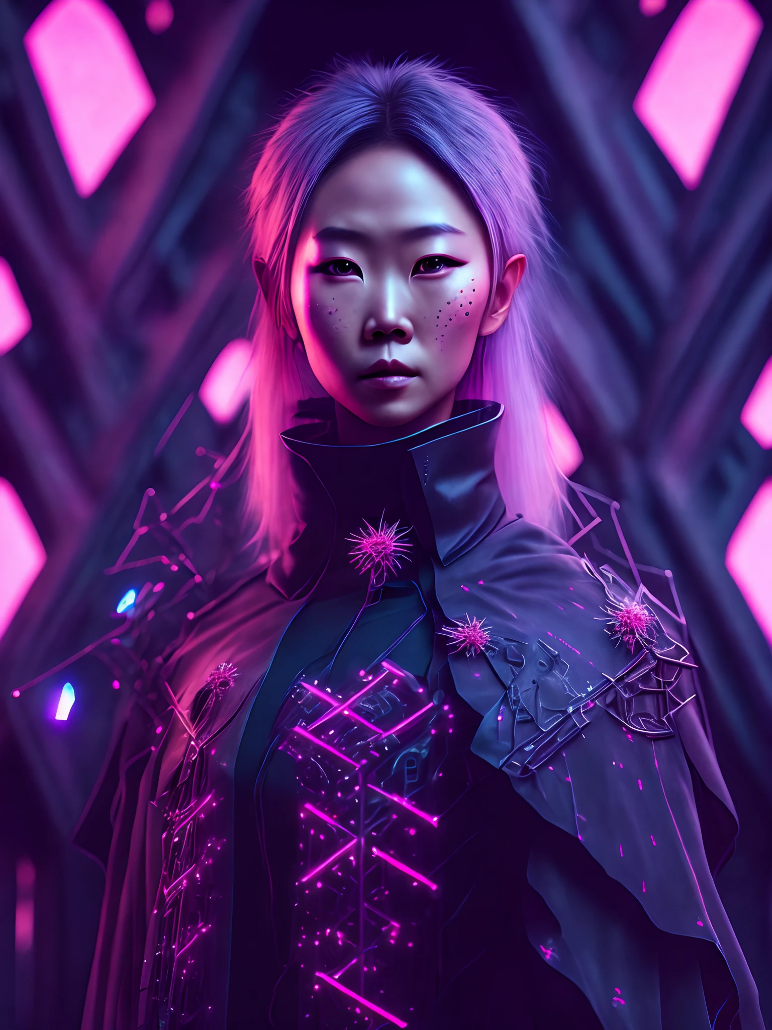 Dark portrait of sakura haruno of naruto with intricate angular cybernetic implants inside a brutalist building, Gothic brutalist cathedral, Cyberpunk, Foto premiada, Bokeh, neon lights, cybernetic limb