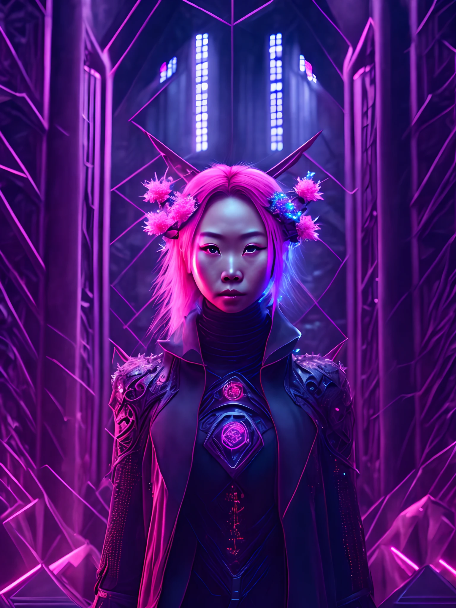 Dark portrait of sakura haruno of naruto with intricate angular cybernetic implants inside a brutalist building, Gothic brutalist cathedral, Cyberpunk, Foto premiada, Bokeh, neon lights, cybernetic limb