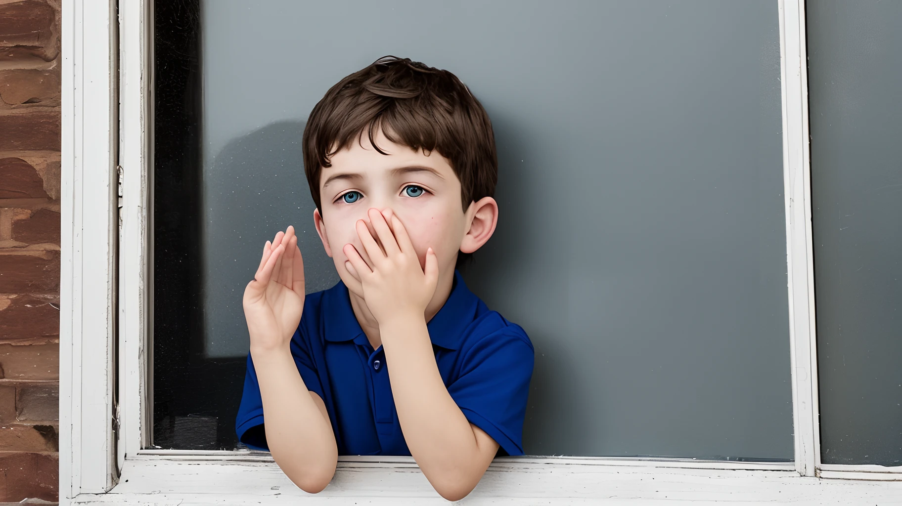 Boy at the window with his hand on his face