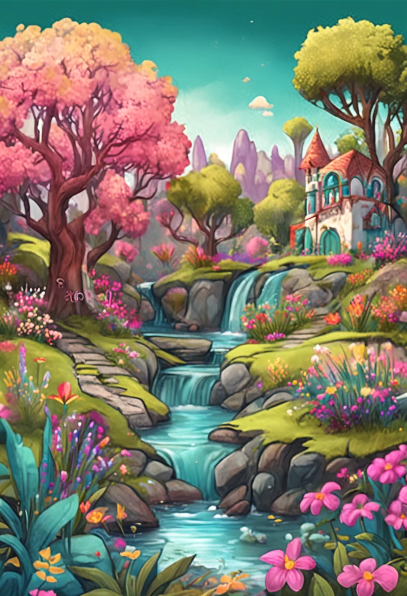 Desenhe um jardim com muitas flores no meio, a beautiful artwork illustration, whimsical fantasy landscape art, arte de paisagem, pintura suave detalhada, bela arte digital, bubbly scenery, scenery art detailed, detailed cenary