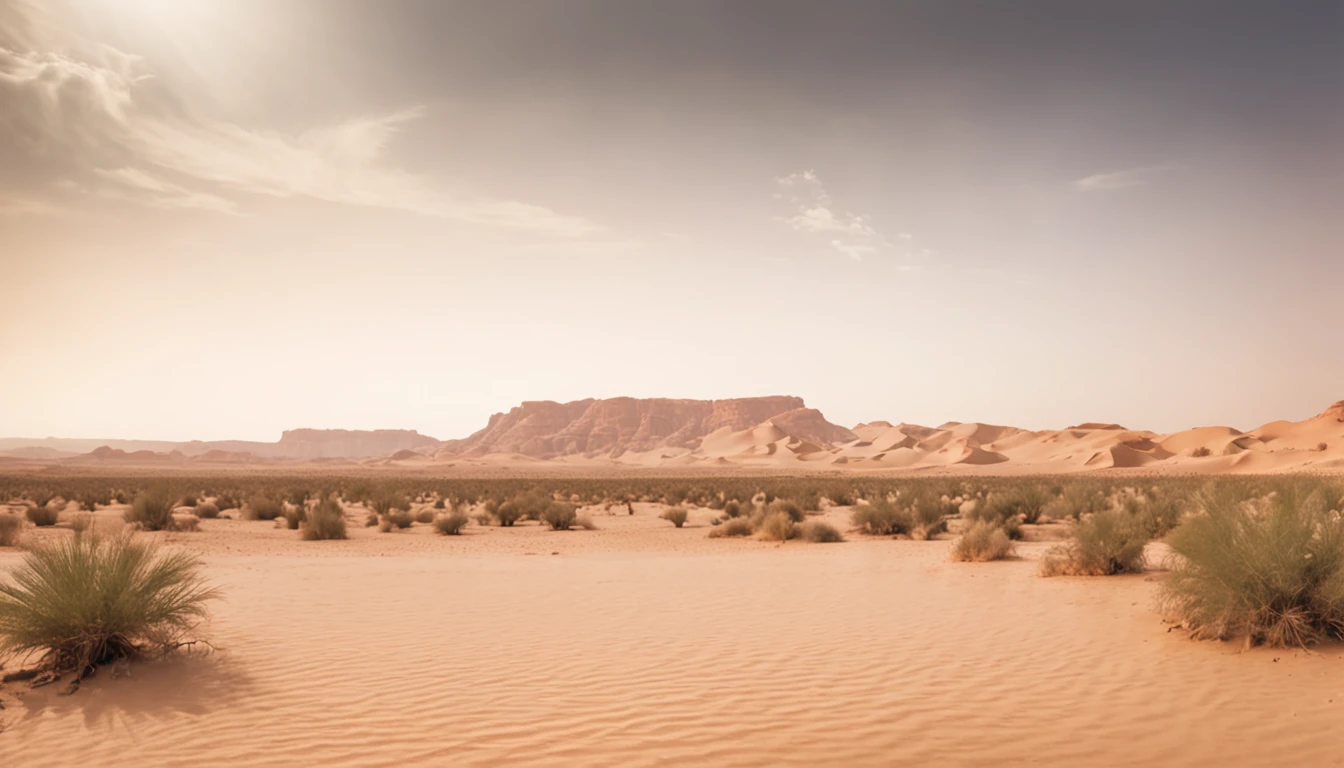 "hombre frente, zarza llameante, Arid desert-like landscape, luz que ilumina la escena, A cinematic glow"