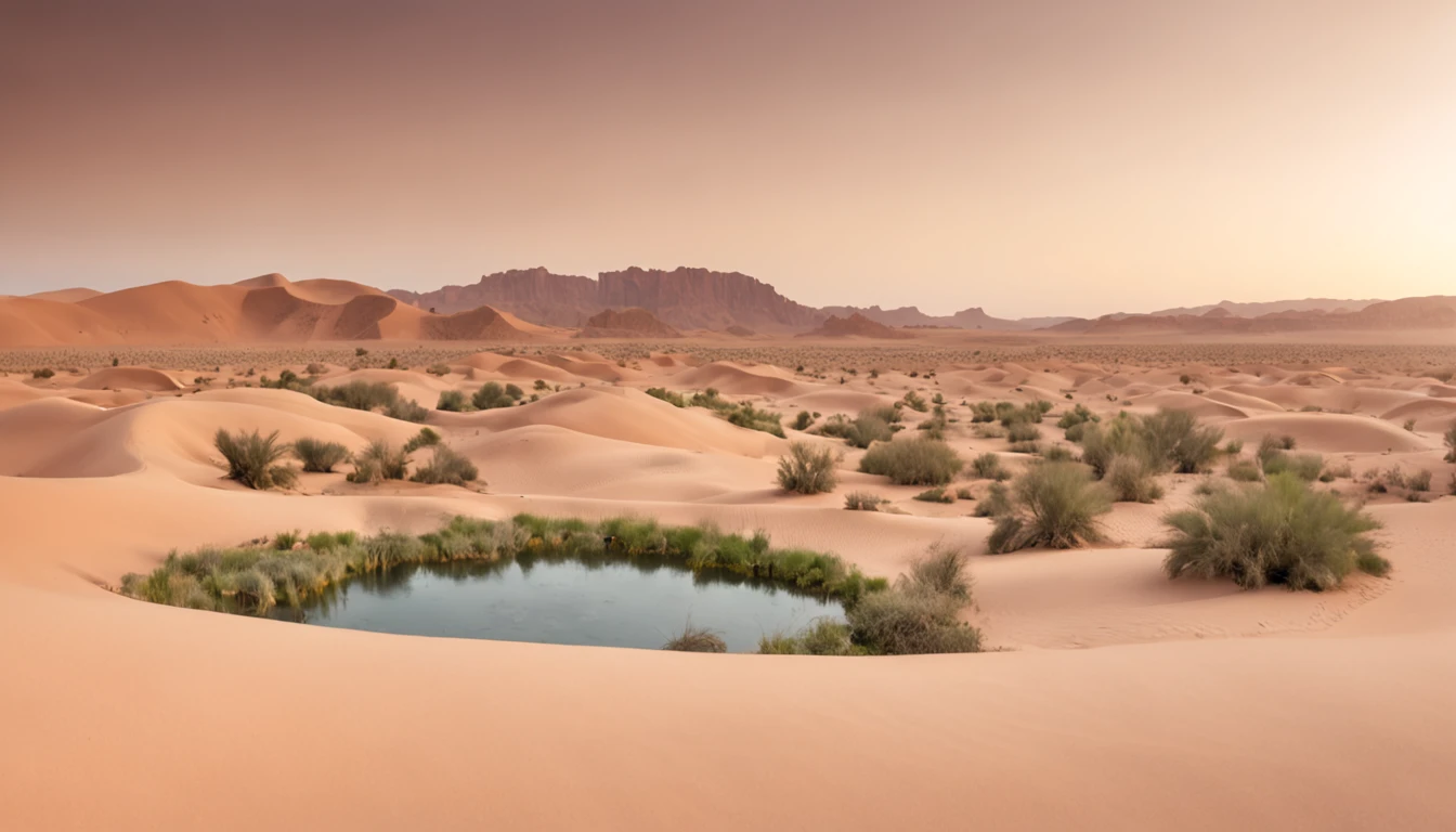 super wide shot,Vast desert,A legendary desert oasis,Sunset,Lake,(zoomout:1.2),(Greenery:1.2),The fountain,Fantasy mirage,Surrealist landscape style,national geographicphoto,Hasselblad high detail,cinmatic lighting,reflective light,atmosphric perspective,in a panoramic view,f / 4.0,Nikon,hyper HD,Hyper-detailing,best qualtiy,8K,Fantastic design, Best quality, Very detailed, Masterpiece, movie light effect, 8K,epic fantasy digital art,Epic fantasy art style, high definition resolution,Detailed detail drawing,Photorealistic,Super realistic