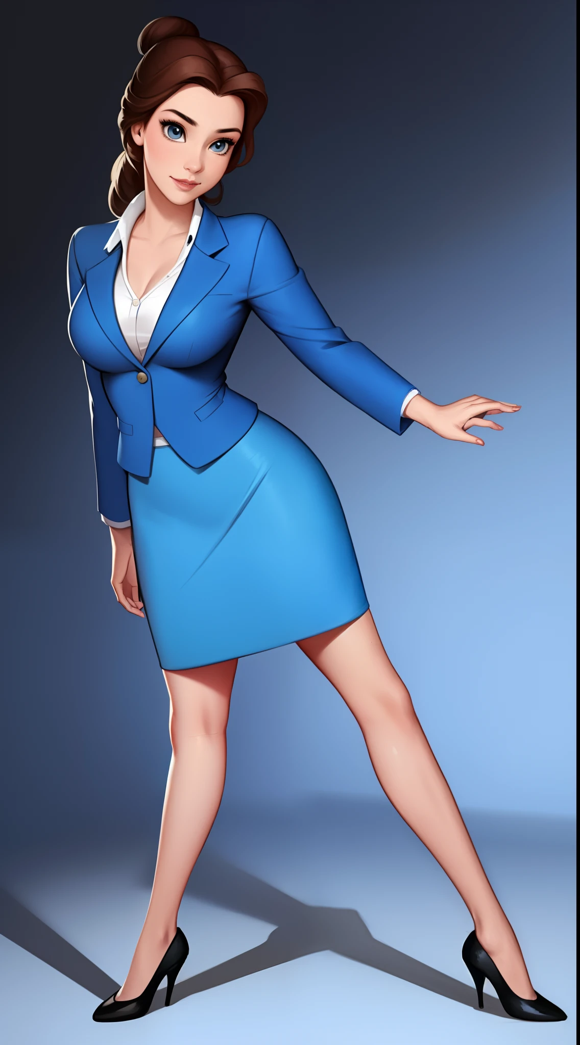 (BelleWaifu:1), (blue skirt suit, blue blazer, blue pencil skirt, single hair bun), (black high heels), 1girl, posing, office