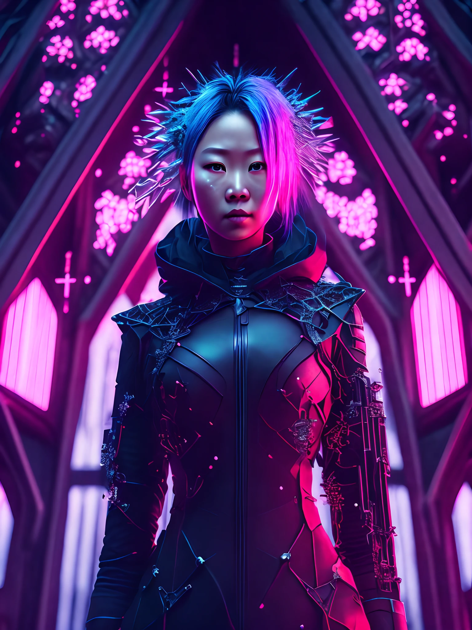Dark portrait of sakura haruno of naruto with intricate angular cybernetic implants inside a brutalist building, Gothic brutalist cathedral, Cyberpunk, Foto premiada, Bokeh, neon lights, cybernetic limb