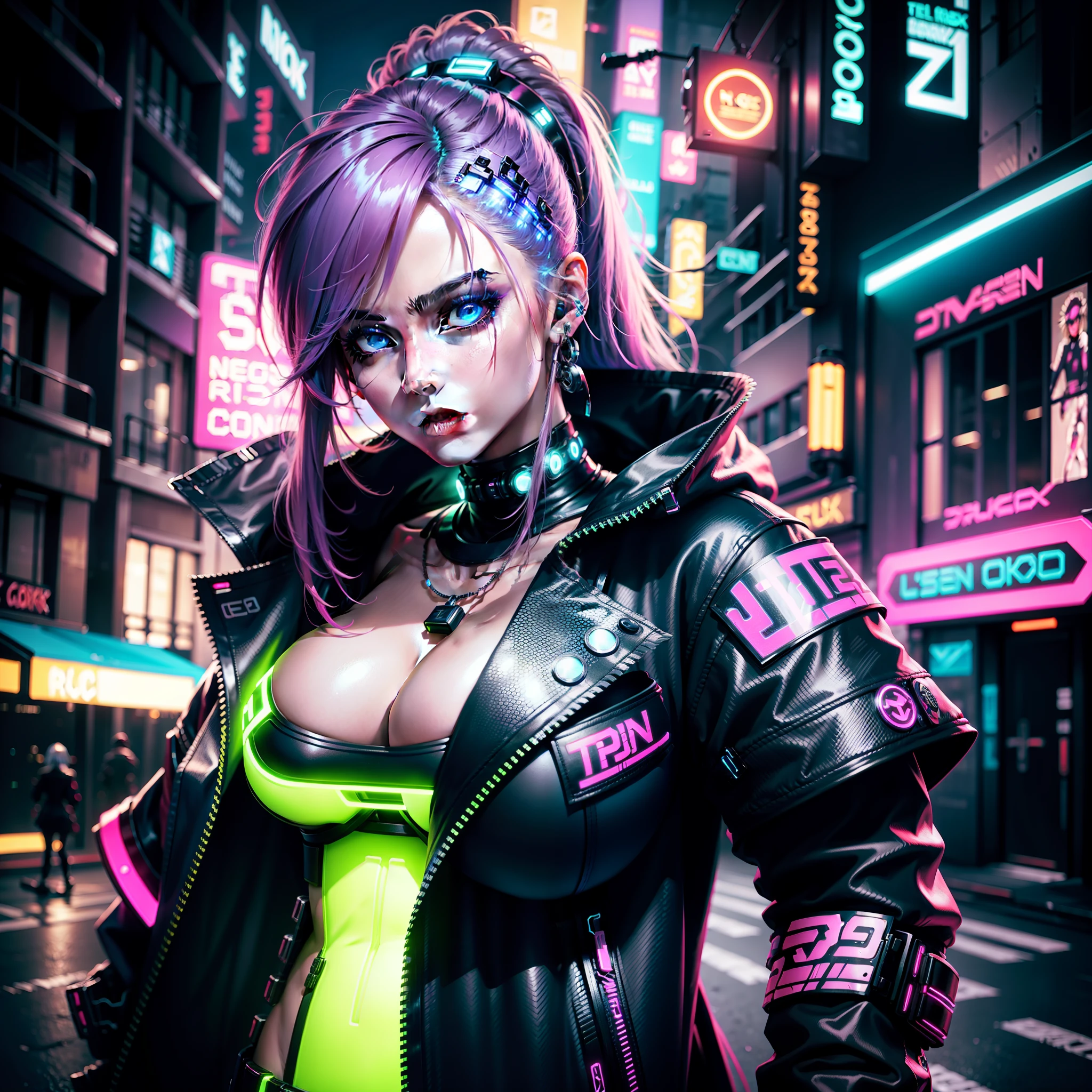 cyber punk perssonage, vivd colour, High detail, Tik, glowing neon lights, Cyberpunk, Street attire,8K,A woman who is,huge tit