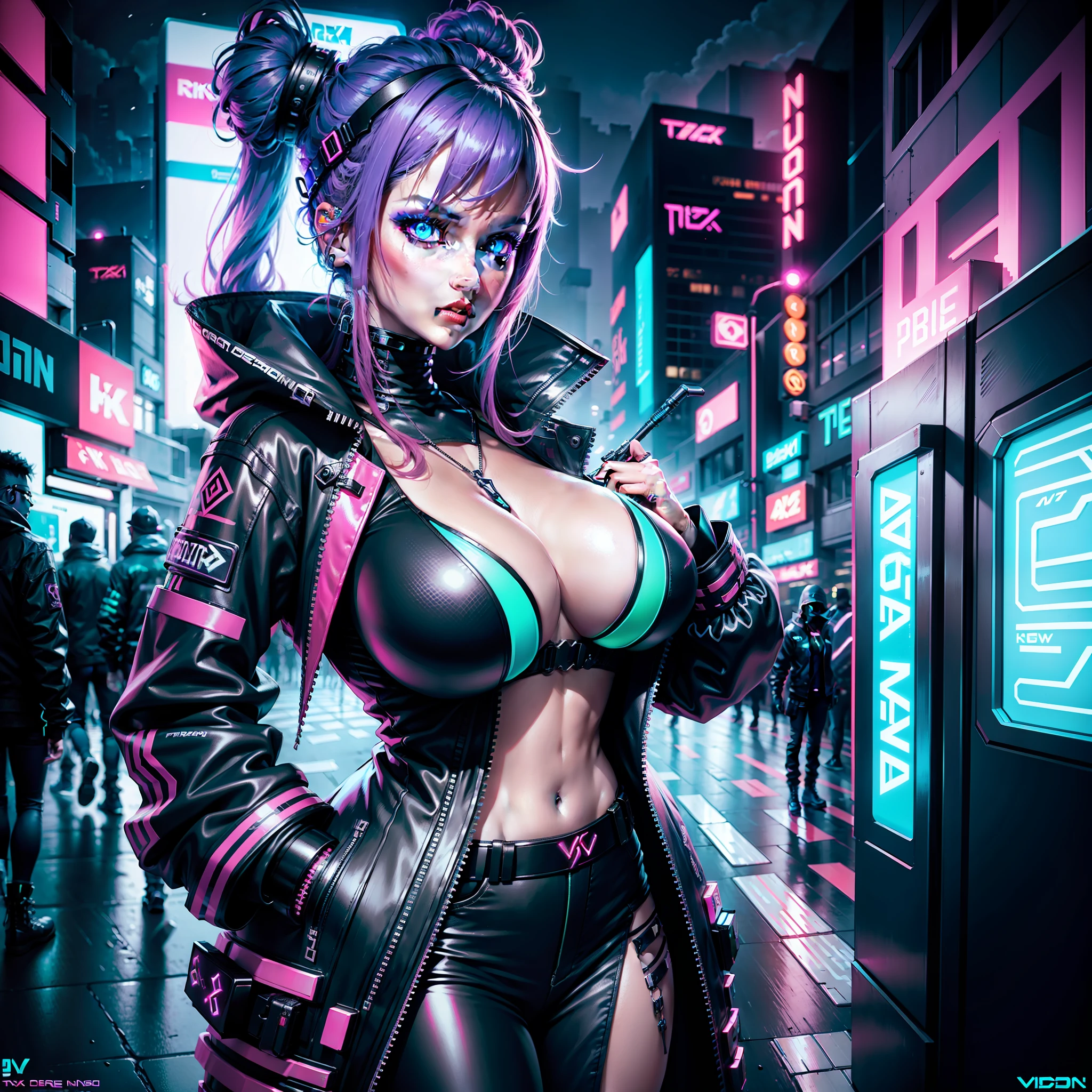 cyber punk perssonage, vivd colour, High detail, Tik, glowing neon lights, Cyberpunk, Street attire,8K,A woman who is,huge tit