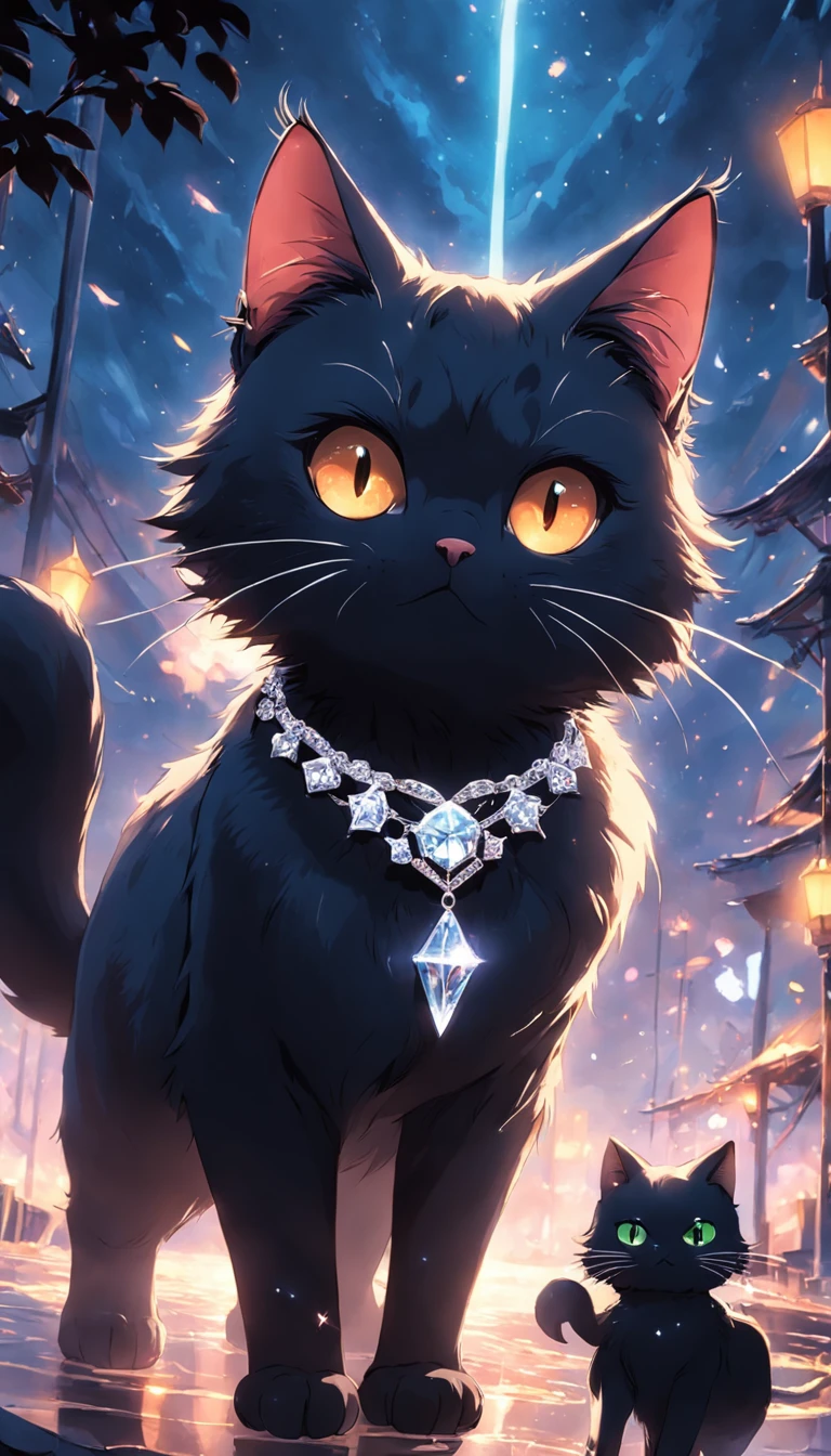 gato preto com coleira de diamantes