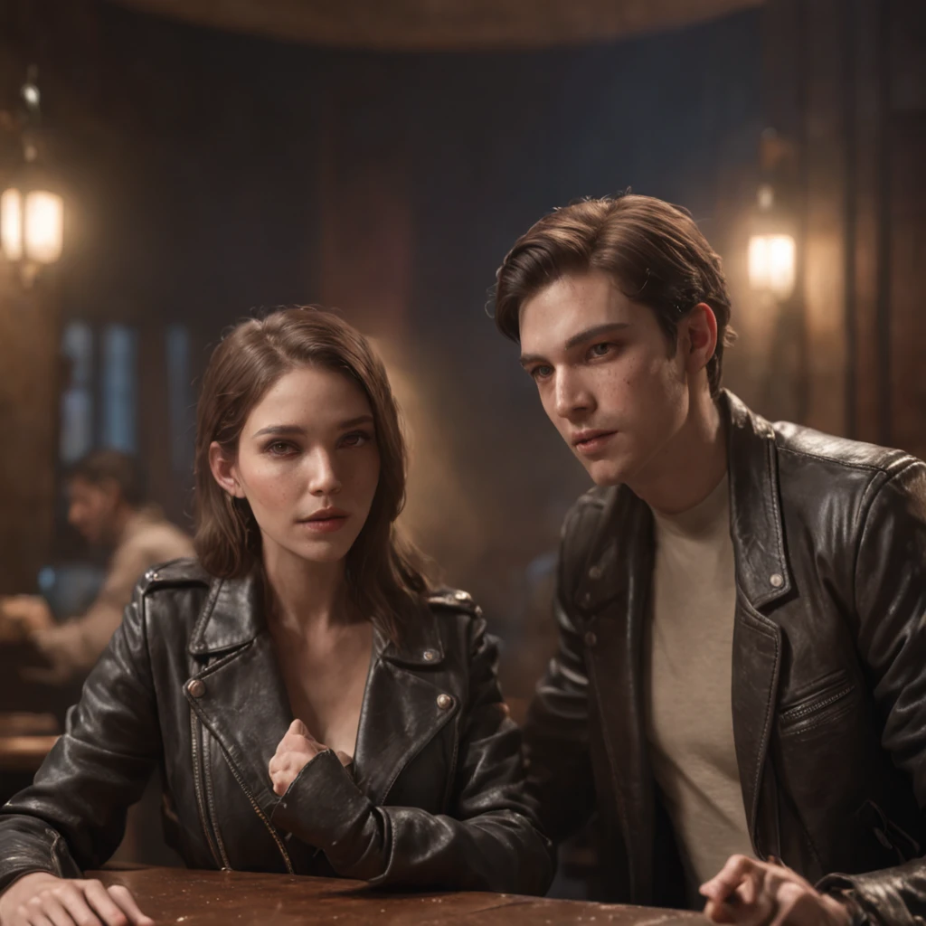(professional 3d render:1.3) af (Realistic:1.3) most beautiful artwork photo in the world,Features soft and shiny male and female, ((two people talking and have a good time together, Fantastic pub sit at table, Majestic cluttered environment with an american flag in the background)), full body 8k unity render, action shot, skin pore, very dark lighting, heavyshading, Detailed, Detailed face, perfect face, detailed hands, perfect hands (vibrant, photograph realistic, Realistic, Dramatic, Dark, Sharp focus, 8K), (Old leather jacket:1.4), ((((Wear jacket)))), (Intricate:1.4), decadent, (Highly detailed:1.4), Digital painting, rendering by octane, art stations, concept-art, smooth, Sharp focus, illustration, Art germ, (loish:0.23), wlop ilya kuvshinov, and greg rutkowski and alphonse mucha gracias, (Global illumination, Studio light, volumettic light), heavy rain, particles floating, lotr, fantasy, elf, full bodyesbian, ((pub background with an american flag in the background:1.3)),CGSesociety,art stations