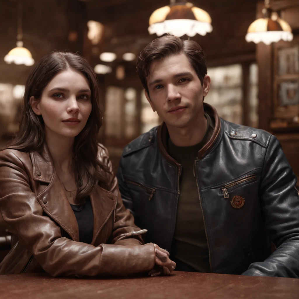 (professional 3d render:1.3) af (Realistic:1.3) most beautiful artwork photo in the world，Features soft and shiny male and female, ((two people talking and have a good time together, Fantastic pub sit at table, Majestic cluttered environment with an american flag in the background)), full body 8k unity render, action shot, skin pore, very dark lighting, heavyshading, Detailed, Detailed face, perfect face, detailed hands, perfect hands (vibrant, photograph realistic, Realistic, Dramatic, Dark, Sharp focus, 8K), (Old leather jacket:1.4), ((((Wear jacket)))), (Intricate:1.4), decadent, (Highly detailed:1.4), Digital painting, rendering by octane, art stations, concept-art, smooth, Sharp focus, illustration, Art germ, (loish:0.23), wlop ilya kuvshinov, and greg rutkowski and alphonse mucha gracias, (Global illumination, Studio light, volumettic light), heavy rain, particles floating, lotr, fantasy, elf, full bodyesbian, ((pub background with an american flag in the background:1.3)),CGSesociety,art stations