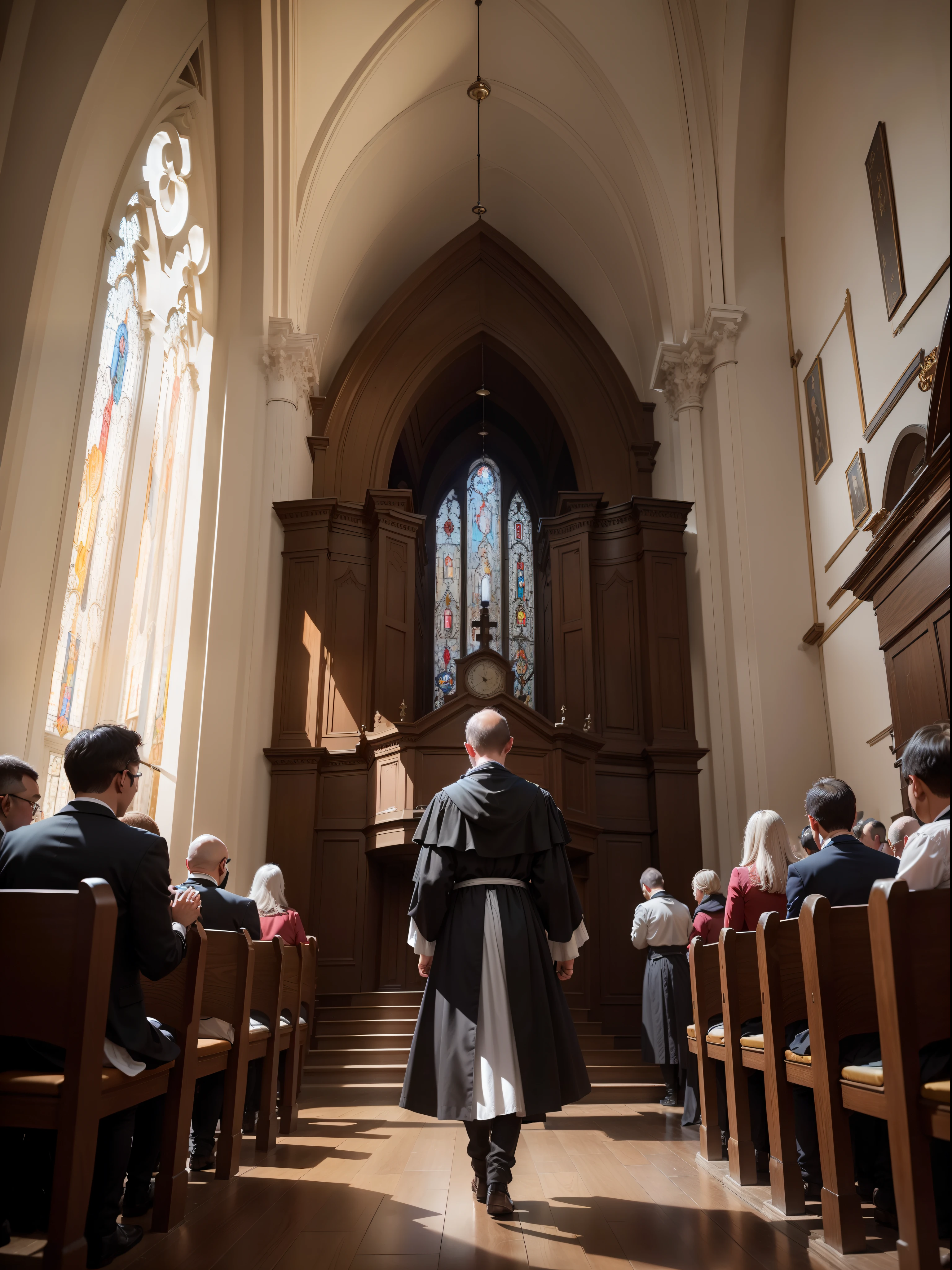 (17th-century Reformed church:1.2, Calvinist atmosphere, Calvinism influence:1.1) Crowd of people going to the Church, Calvinist-inspired architecture and décor, religious fervor, traditional attire, solemn procession