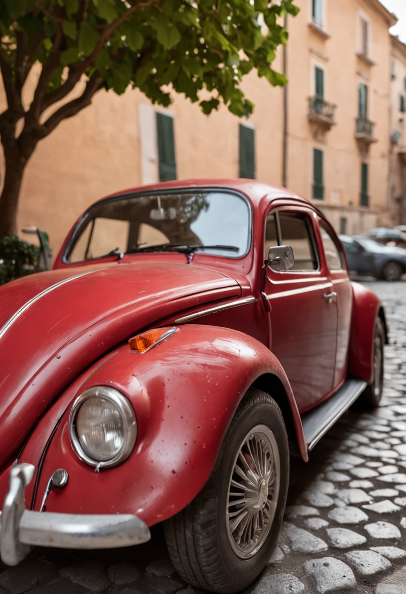 a red sports beetle in the city of Rome in Italy, 8k