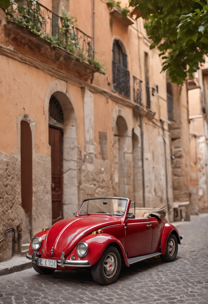 a red sports beetle in the city of Rome in Italy, 8k