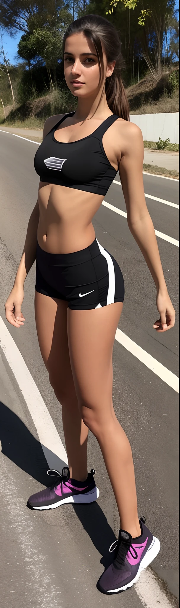 Beautiful woman arafed in a sports bra top standing on a road, pernas tonificadas, cintura fina, Photo adjustment, sport bra and shorts, pernas finas, cintura fina, corpo tonificado, regata preta apertada e shorts, wearing black shorts, corpo completo extremamente magro, foto de modelo de menina slim, menina em forma, corpo em forma, cintura fina, Encaixe figura delicada