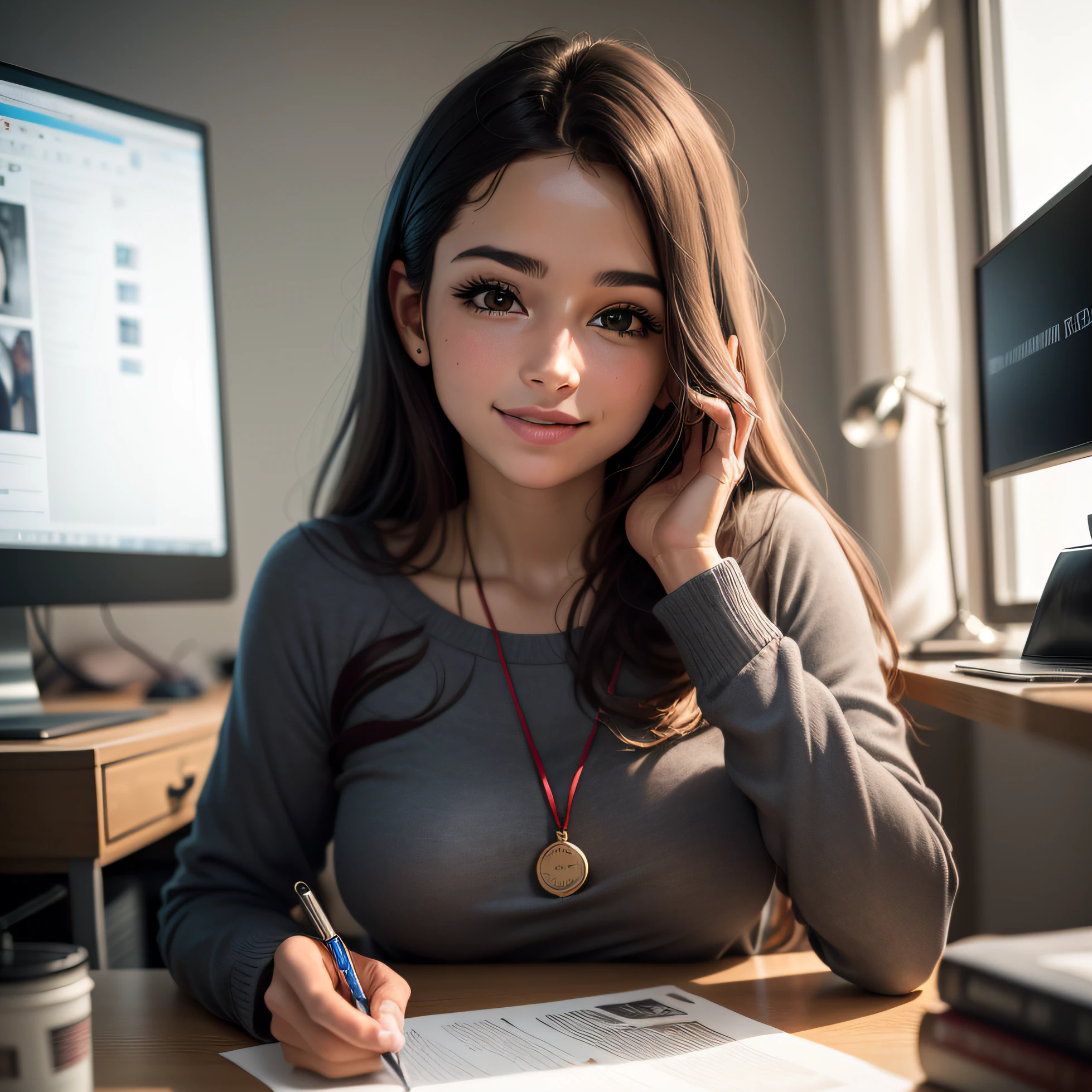 there is a german woman sitting at a desk with a laptop computer, uma aluna hiperrealista, estudo elegante, Cyber Escola , aluna hiperrealista, Tirada com Canon EOS 5 D Mark IV, Menina na vida real, Trend in CGTacing:, office clothes, menina corearado com Canon 5D MK4, Estudante realista, Pose elegante e bonito, lendo,agradeçida, sorrindo