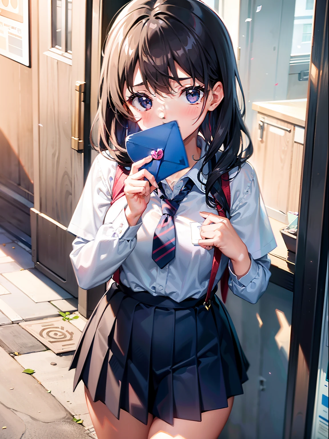 1 girl, school uniform, penties, Ashamed, view the viewer, From above, (Hold an envelope with a heart-shaped mark),vindicate,Hand over love letters,Be red in the face