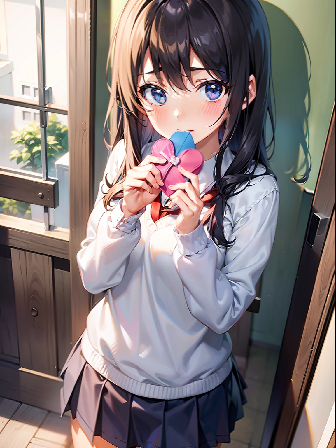 1 girl, school uniform, penties, Ashamed, view the viewer, From above, (Hold an envelope with a heart-shaped mark)，vindicate，Hand over love letters，Be red in the face