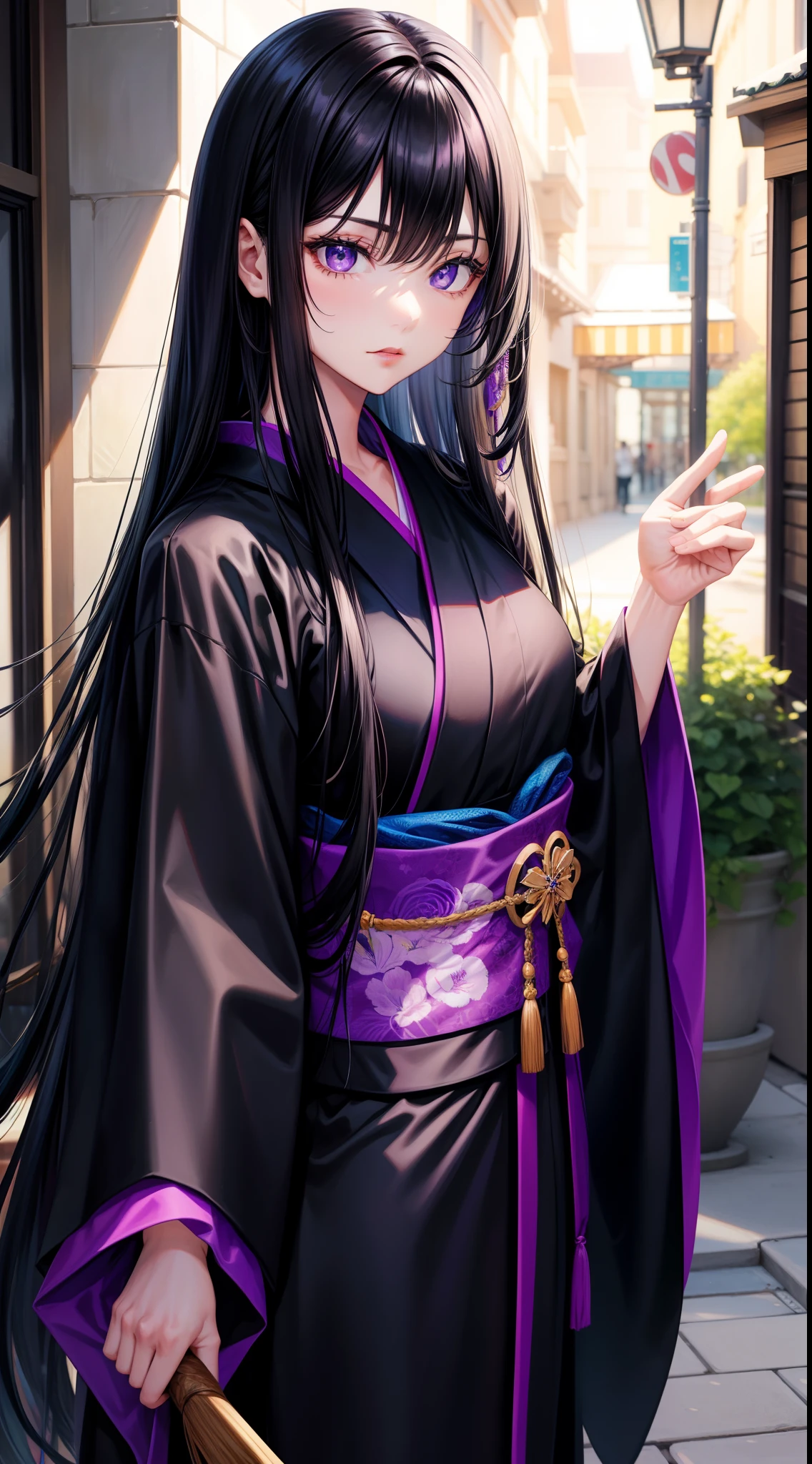 adult man, Long black hair, violet eyes, Thin, black kimono, Masterpiece, hiquality