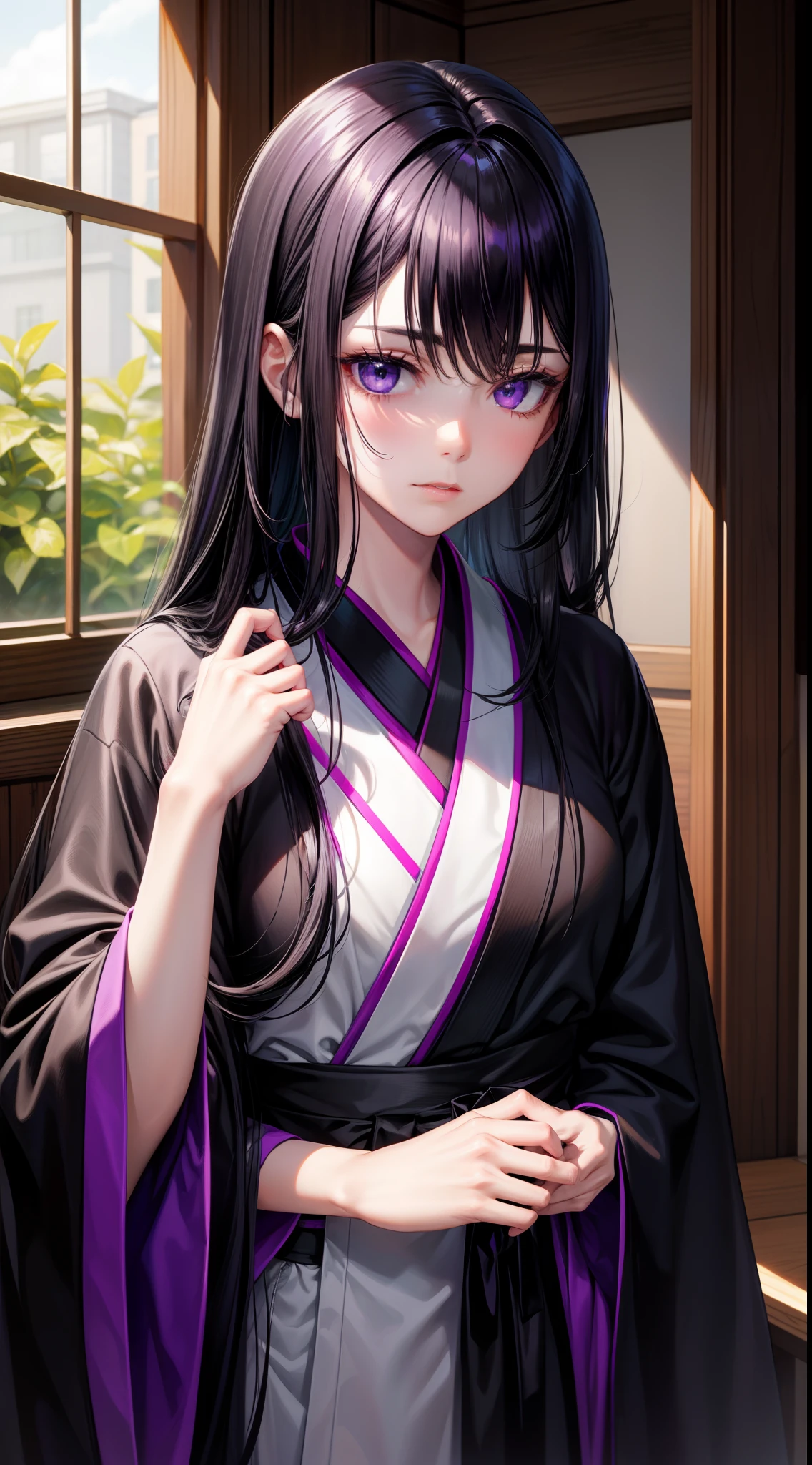 adult man, Long black hair, violet eyes, Thin, black kimono, Masterpiece, hiquality