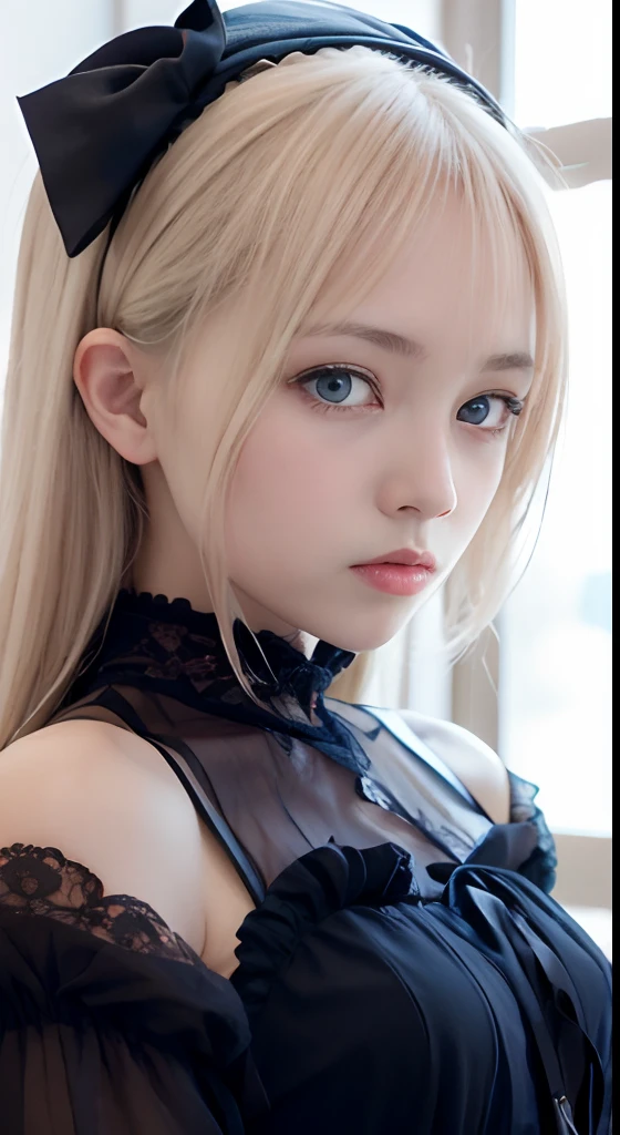 (masutepiece, Best Quality:1.2), 8K, 85 mm, Official art, Raw photo, absurderes, Platinum Blonde Hair, (Blue eyes, Lolita Fashion, sweetlolita, Gothic, Dress:1.2), Idol face, full body Esbian, Beautiful Girl, gardeniass, Copenhagen, Short sleeve, Elegance, Sophisticated, gardenia, Looking at Viewer, Film grain, chromatic abberation, Sharp Focus, face lights, Dynamic lighting, Cinematic lighting, Detailed face, Bokeh background