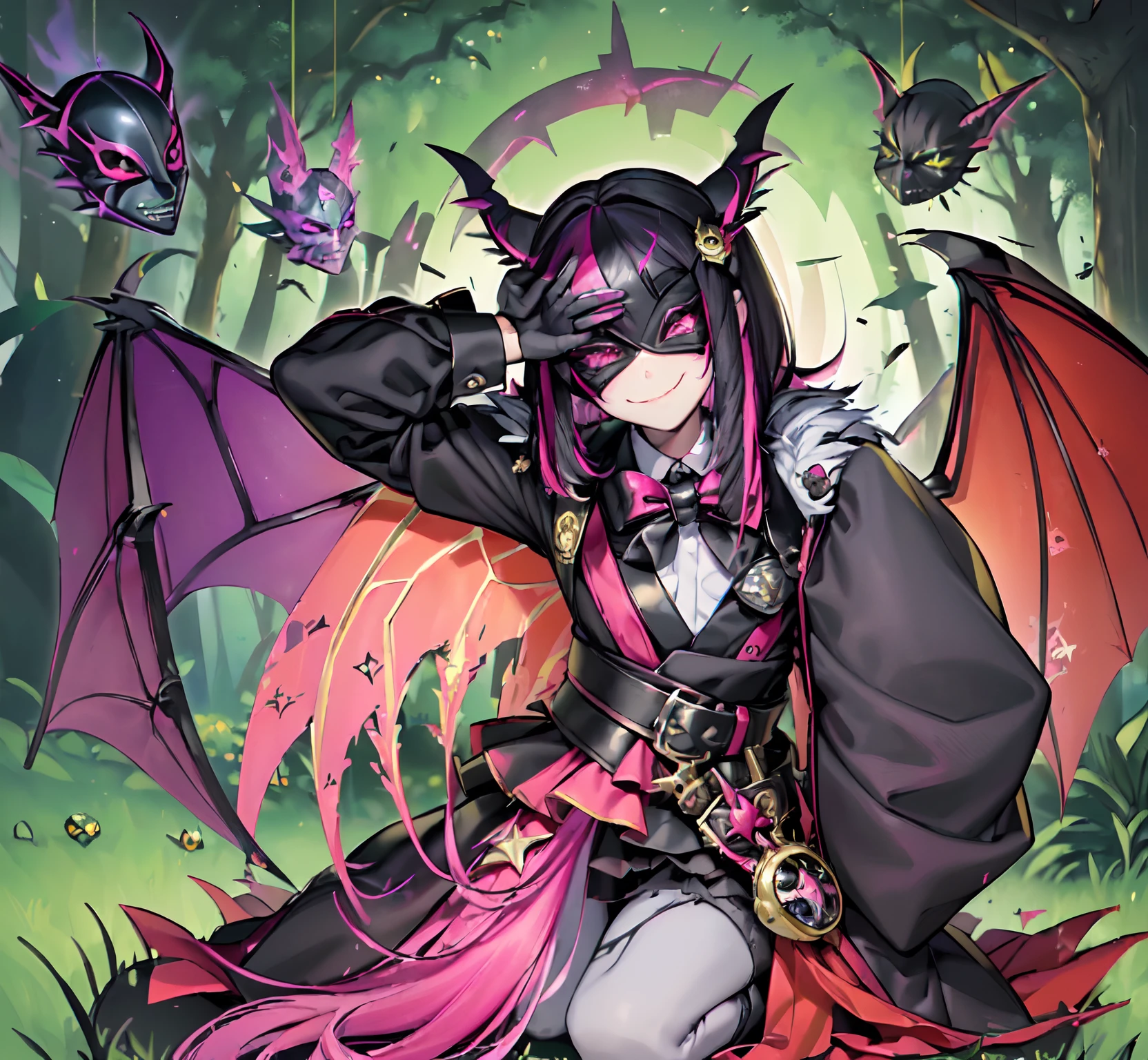 (masterpiece, best quality:1.2),solo, ((1boy:1.8)), ((lilia vanrouge as a Digimon)), full body ,Mischievous smile, looking at viewer, multicolored hair, black hair, streaked pink hair,((Anthro Bat)),(( fairy)), ((Demonic)), ((Pink and Black Body))digimon\(creature\),(( mask covering Eyes)) gloves, black shirt
wings, sparkling clothing, ((Grey skin))