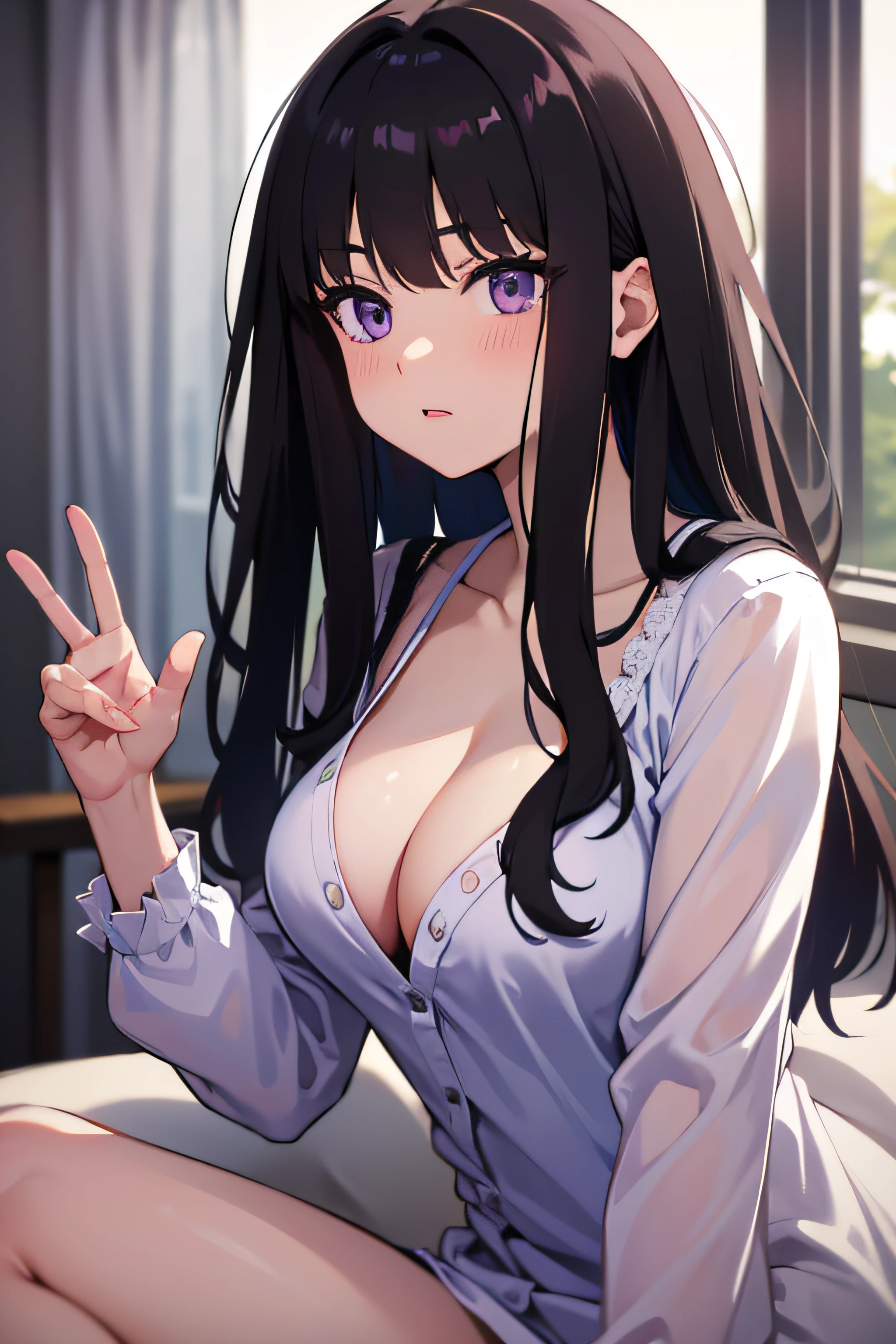 (masterpiece, best quality, highres, UHD, perfect pixel), Inoue Takina, Long hair, Bangs, Black hair, (Purple eyes:1.2), medium breasts, indoor, bedroom, dynamic pose, busty, perfect body, POV, close up, blushing, (cleavage:0.8), nightgown, minimalist shirt, natural light