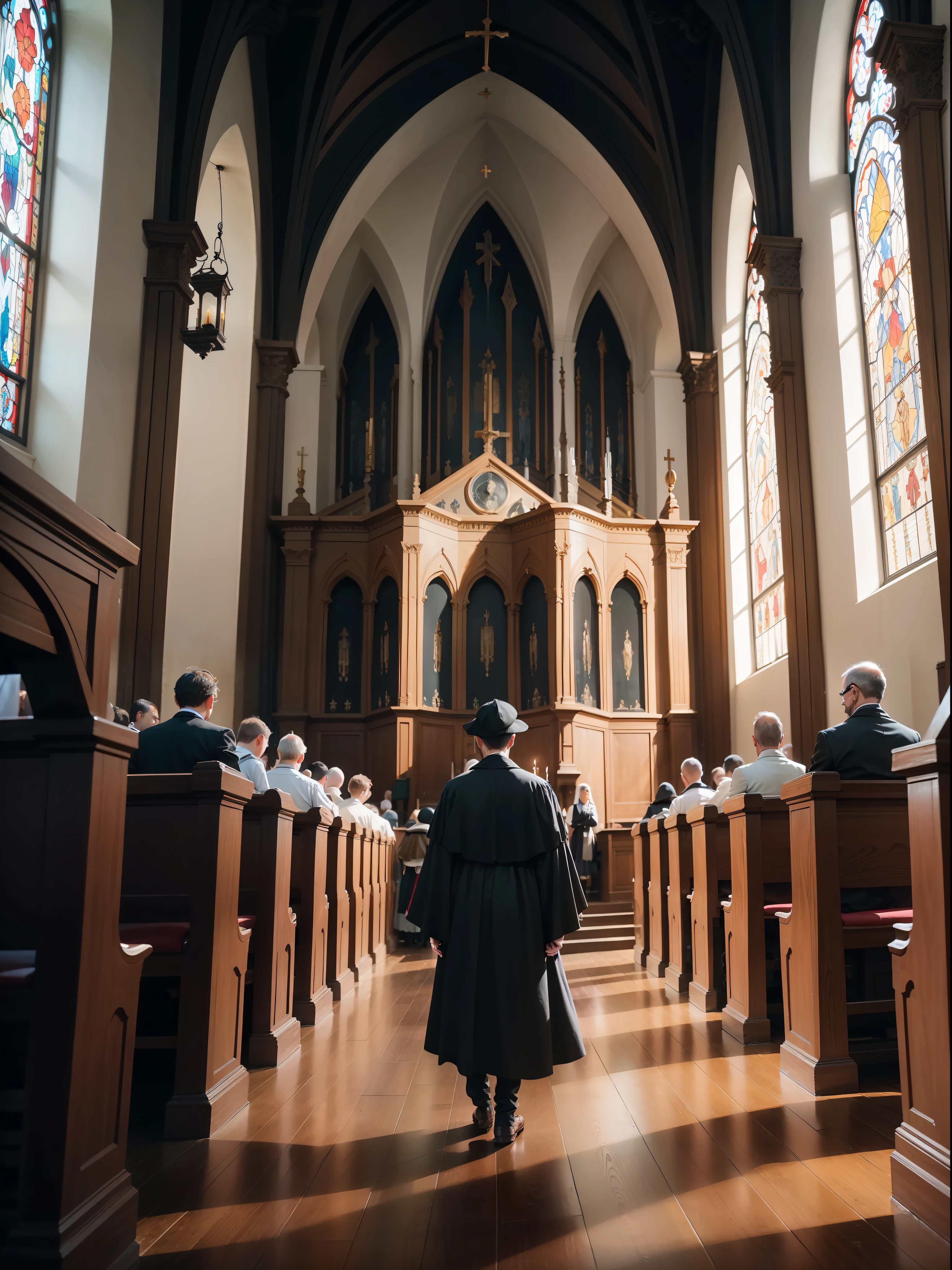 (17th-century Reformed church:1.2, Calvinist atmosphere, Calvinism influence:1.1) Crowd of people going to the Church, Calvinist-inspired architecture and décor, religious fervor, traditional attire, solemn procession