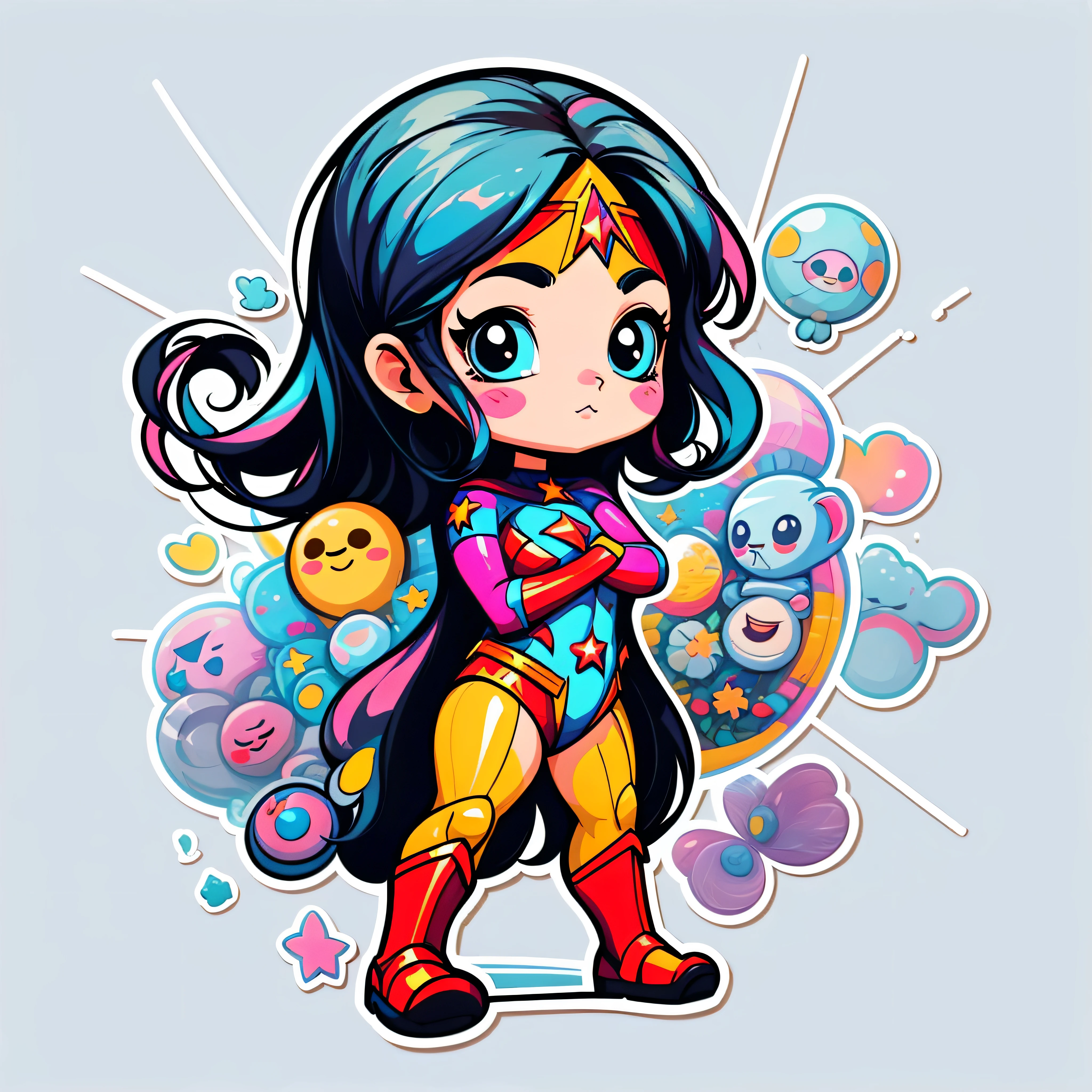 sticker, wonderwoman in different poses, chibi style, white background, full body, vibrant colors, aligned side by side, big eyes with brightness, sticker illustration, cute wonderwoman, perfect wonderwoman, sticker illustrations, sticker design vector art, wonderwoman, vector sticker, bottomless image, sticker design, matrix cut sticker, sticker concept design
