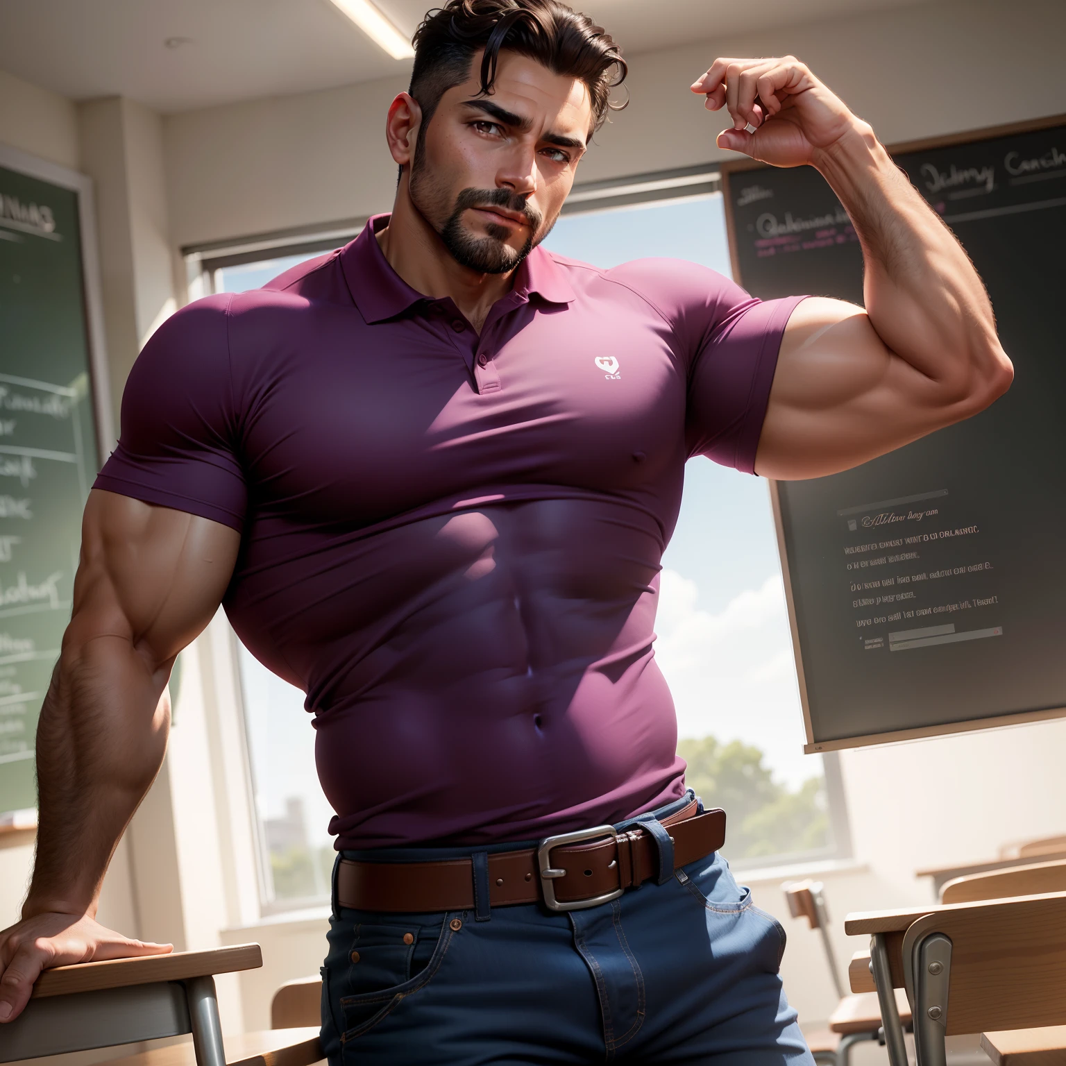 One man,Latin dad,teacher,tan skin,dark hair,hair gelled back,muscular,huge pecs,magenta polo shirt, blue pants, belt,hairy arms,40 years old,Classroom,Dark Brown Eyes.